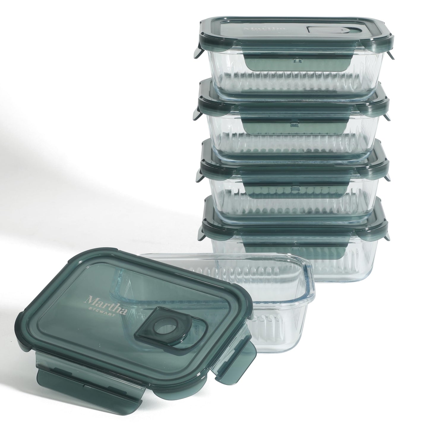 Martha Stewart Shadowbrook 5-Piece Borosilicate Glass Storage Container Set – Airtight Locking Lids, 21.6 oz Meal Prep, Leftover & Lunch Containers, Microwave, Oven & Dishwasher Safe
