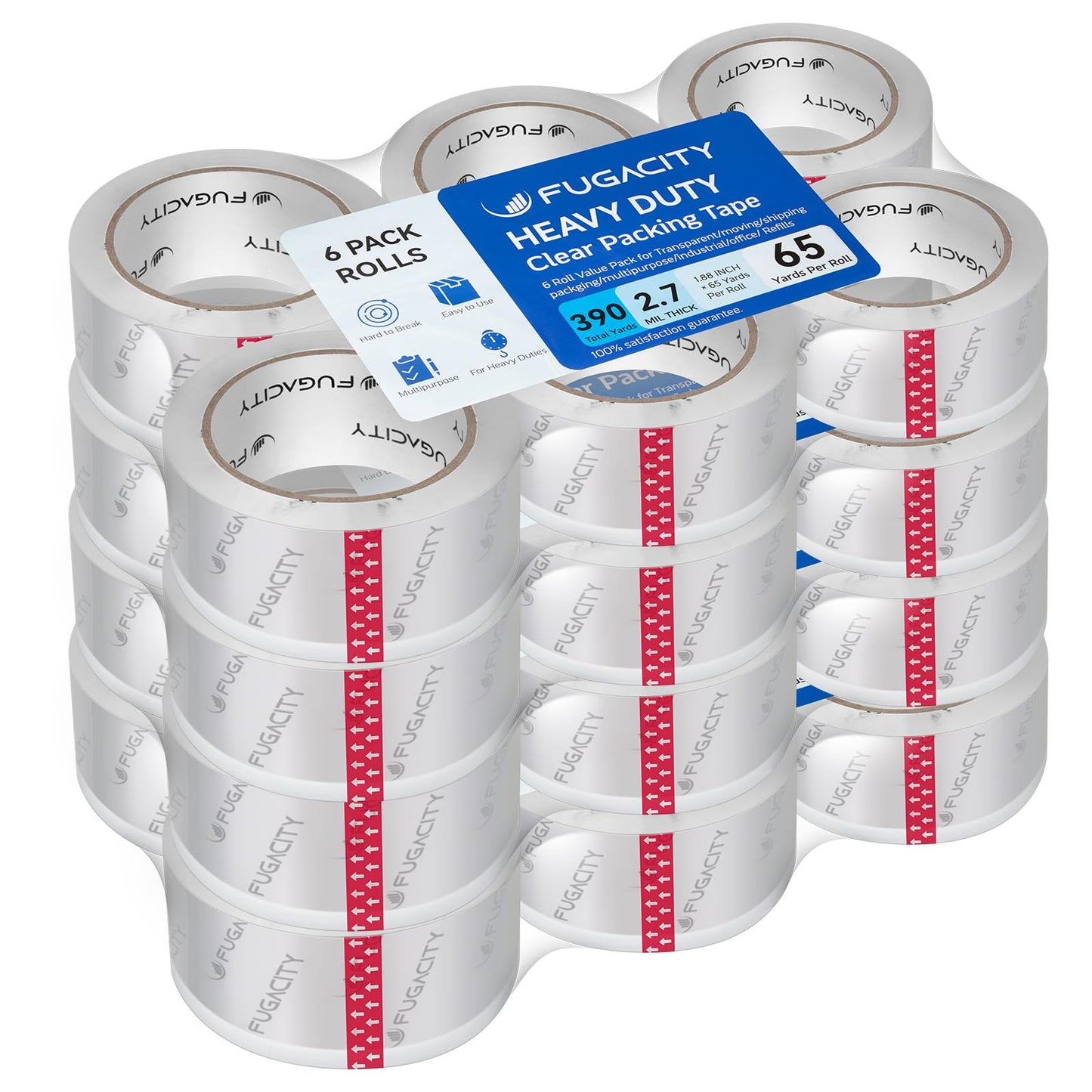 FugaCity Clearer Packing Tape Refills (24 Rolls),Heavy Duty Packaging Tape for Moving Sealing, Moving Supplies Shipping Tape,2.7 Mil Thick, 1.88 in Wide,65 Yards Per Roll,Total 1560 Yards