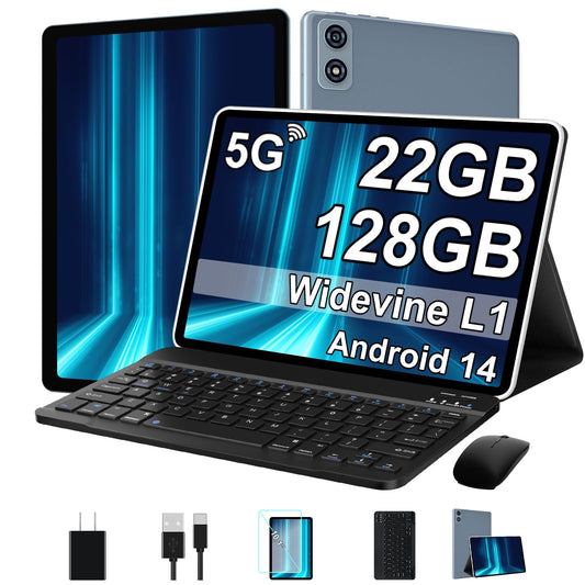 2025 Tablet 10 Inch Android 14 Tablets with Keyboard, 22GB RAM 128GB ROM, Widevine L1, Octa-Core, 8000mAh Battery, 5G Wifi, HD IPS Display, TF 1TB, GPS, Mouse, Case, Split Screen, Metal Body -Grey