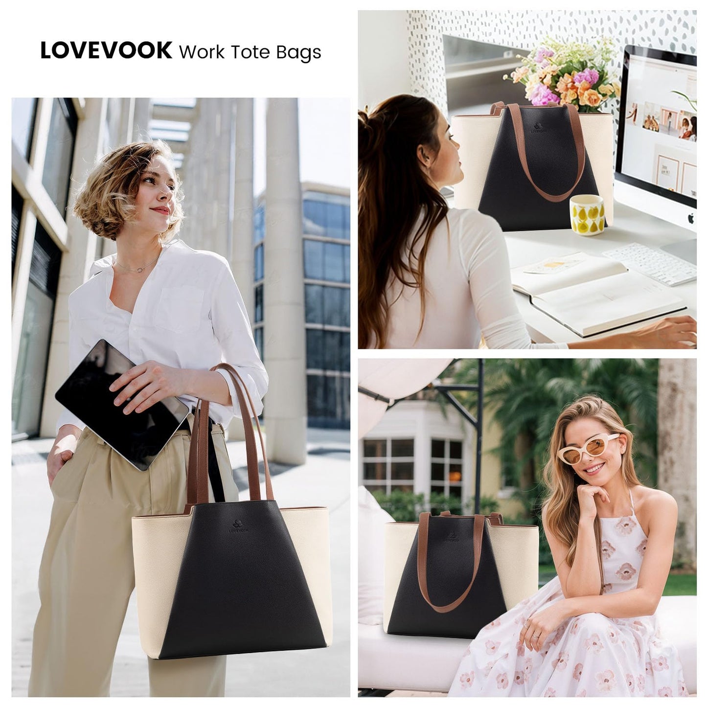 LOVEVOOK Laptop Tote Bag for Women 15.6 Inch Work Bag Leather Laptop Bag with Clutch, Large Capacity Office Purse Computer Briefcase Shoulder Bag for Casual Business Travel, Beige & Black