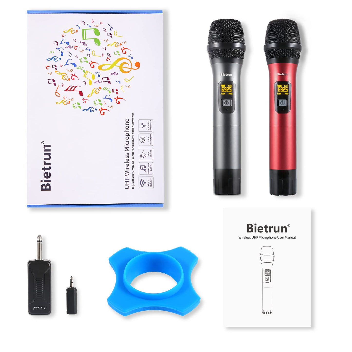 Wireless Microphone, Bietrun UHF Metal Dual Handheld Cordless Dynamic Mic System with Rechargeable Receiver, 1/4‘’Output, for Karaoke, Church, Speech, Wedding, Party Singing(160 ft Range)-Auto Connect
