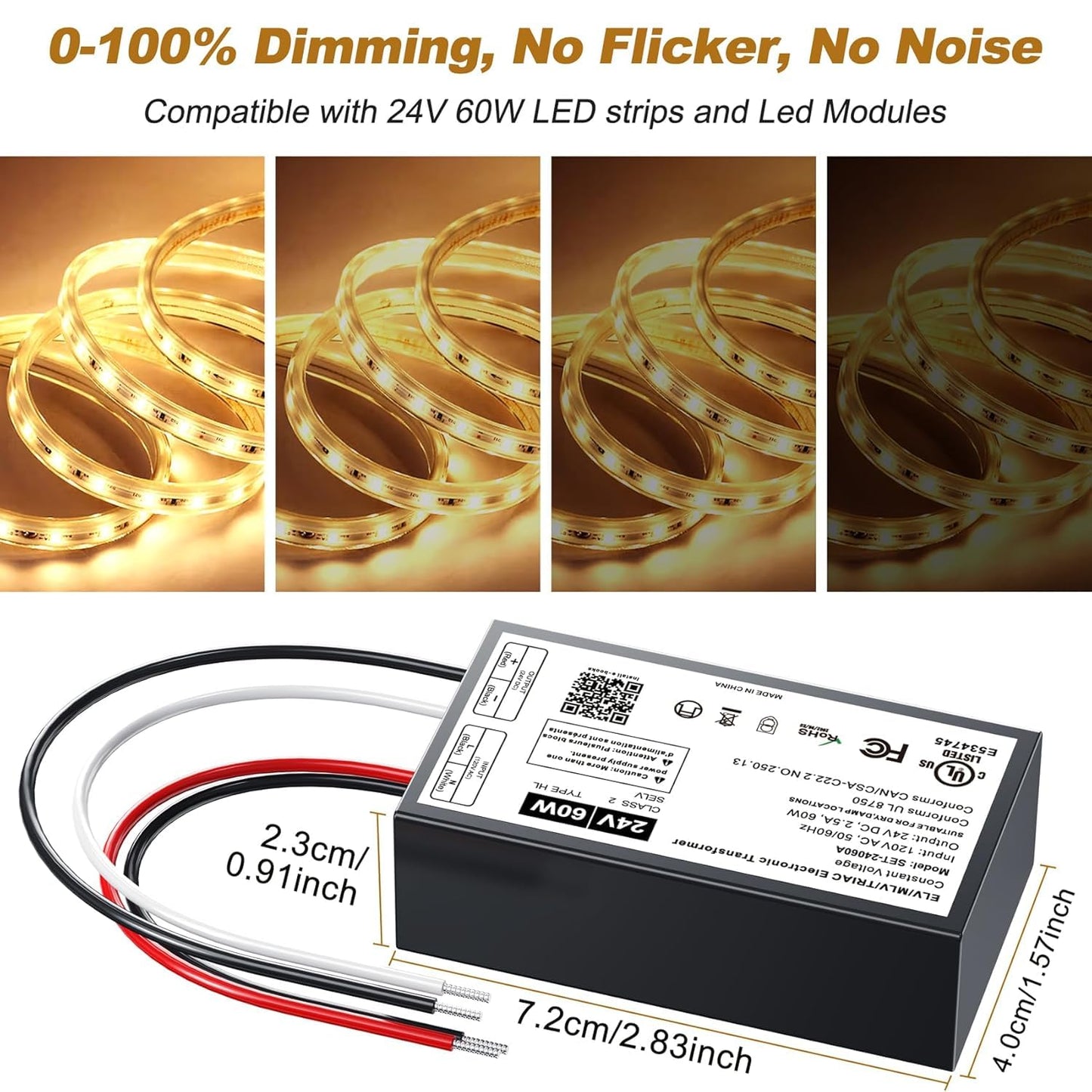 Dimmable LED Driver, Triac ELV/MLV LED Transformer Compatible with Lutron&Leviton Switches, Dimmable Led Power Supply for LED Light Stirps, Smooth Flicker Free Dimming (60W24V, 2)