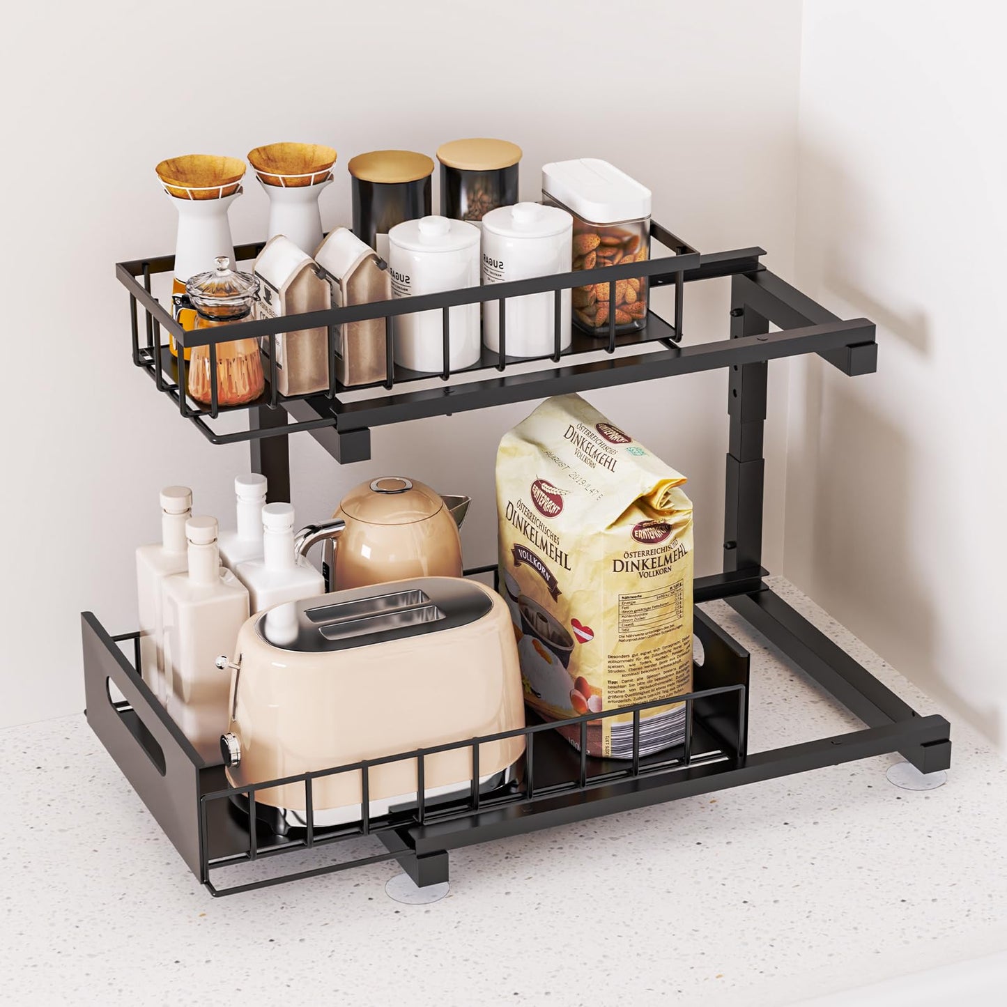 Toyear Under Sink Organizer, Heavy Duty Metal Pull Out Cabinet Organizer Slide Out Sink Shelf Organizer Height Adjustable, Multi-Purpose Storage Shelf for Kitchen Bathroom(Black,2Pack)