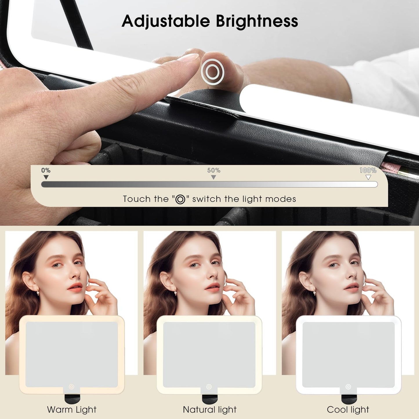 Faquenc Leather Makeup Case with LED Lighted Mirror 11.4 Inch Travel Makeup Bag Adjustable Brightness in 3 Colors Cosmetic Organizer Artist Storage Bag with Dividers Brush Holder Bag Present Box White