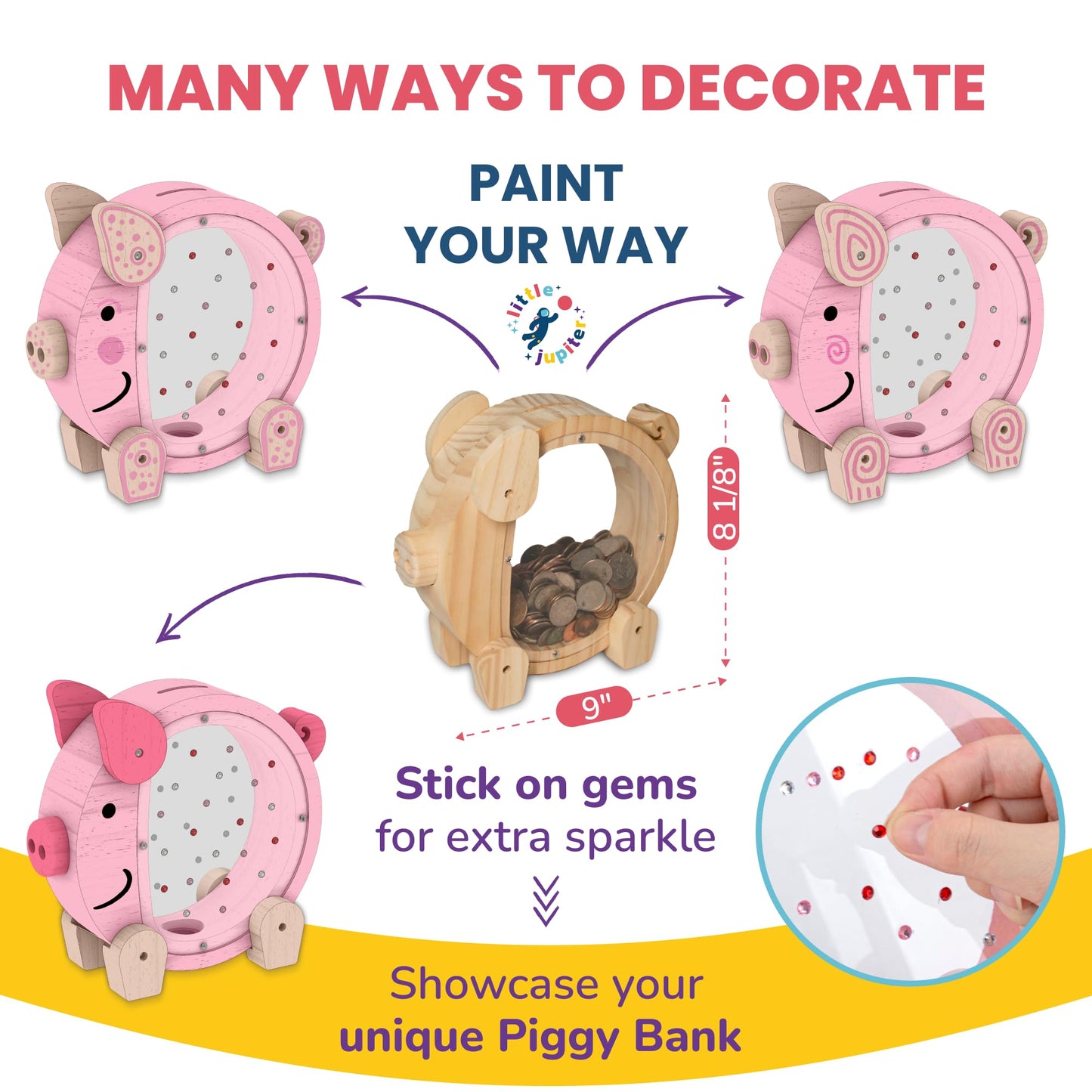DIY Wooden Piggy Bank for Kids - Wood Building & Painting Kits for Ages 4-8 - Includes Paint, Stick on Gems, & Savings Poster - Arts & Craft Wooden Kits for Boys & Girls - Stem & Savings Craft Project