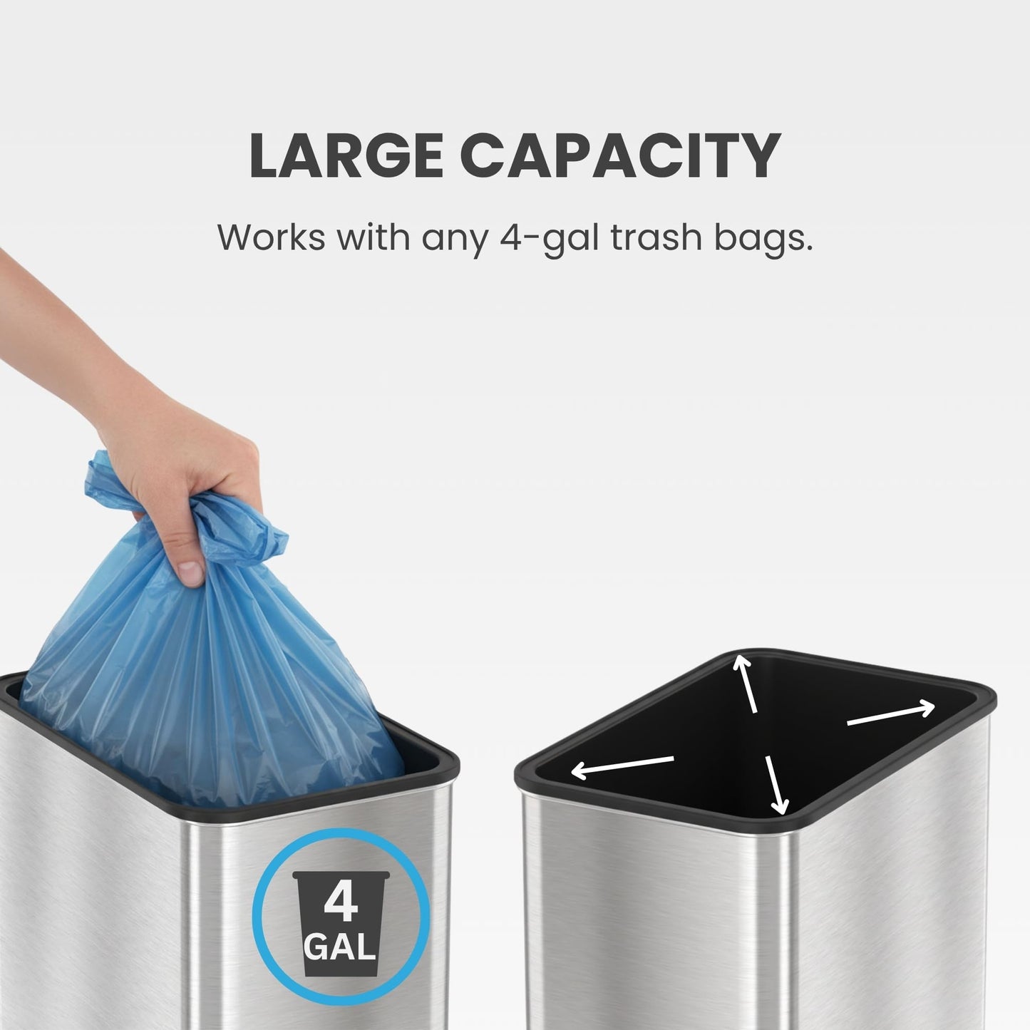 iTouchless 15 Liter / 4 Gallon Stainless Steel Wings Open Lid Sensor Bathroom Trash Can with AC Adapter, Touchless Automatic Operation, Compact Design for Home, Office, Kitchen, Bedroom, Restroom