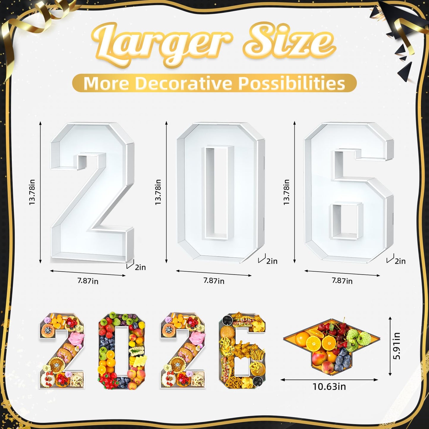 2026 Charcuterie Numbers Fillable, 13.78'' White 2026 Cardboard for Charcuterie, Number 2026 Tray for Chocolate Cookies Flowers Cupcakes Box with Graduation Cap, Class of 2026 Graduation Decorations