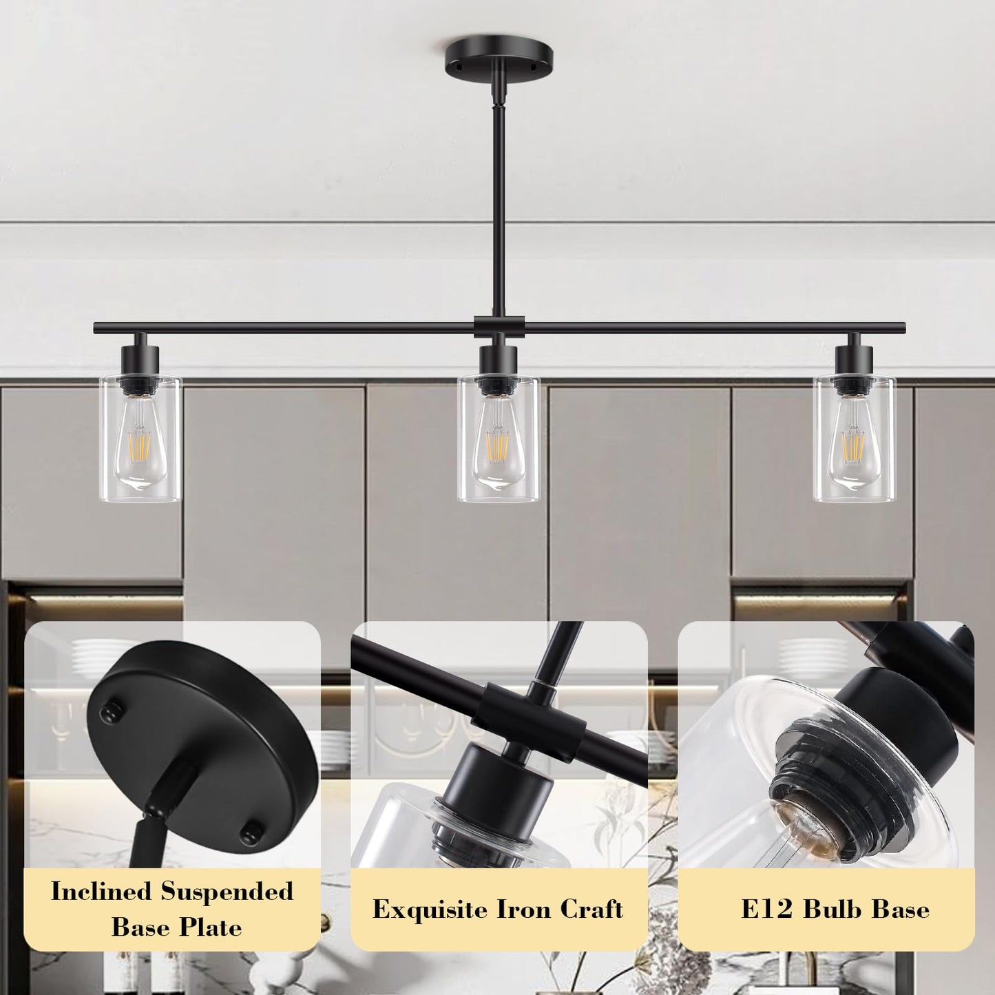 Yarlkav Kitchen Island Lighting, 3 Lights Linear Chandeliers Rectangle Pendant Light Fixtures for Dining Room Farmhouse Hanging Light with Glass Shades(Black)