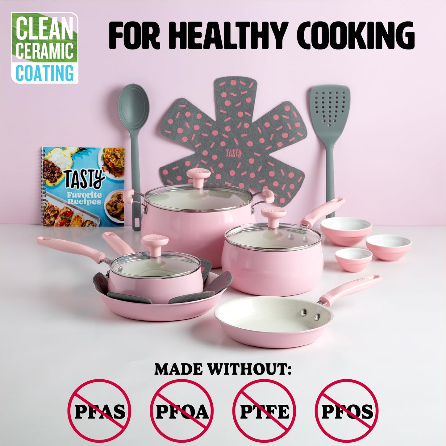 Tasty Clean Ceramic Non-Stick Aluminum Cookware Set, Tempered Glass Lid, Dishwasher Safe, 16-Piece, Pink