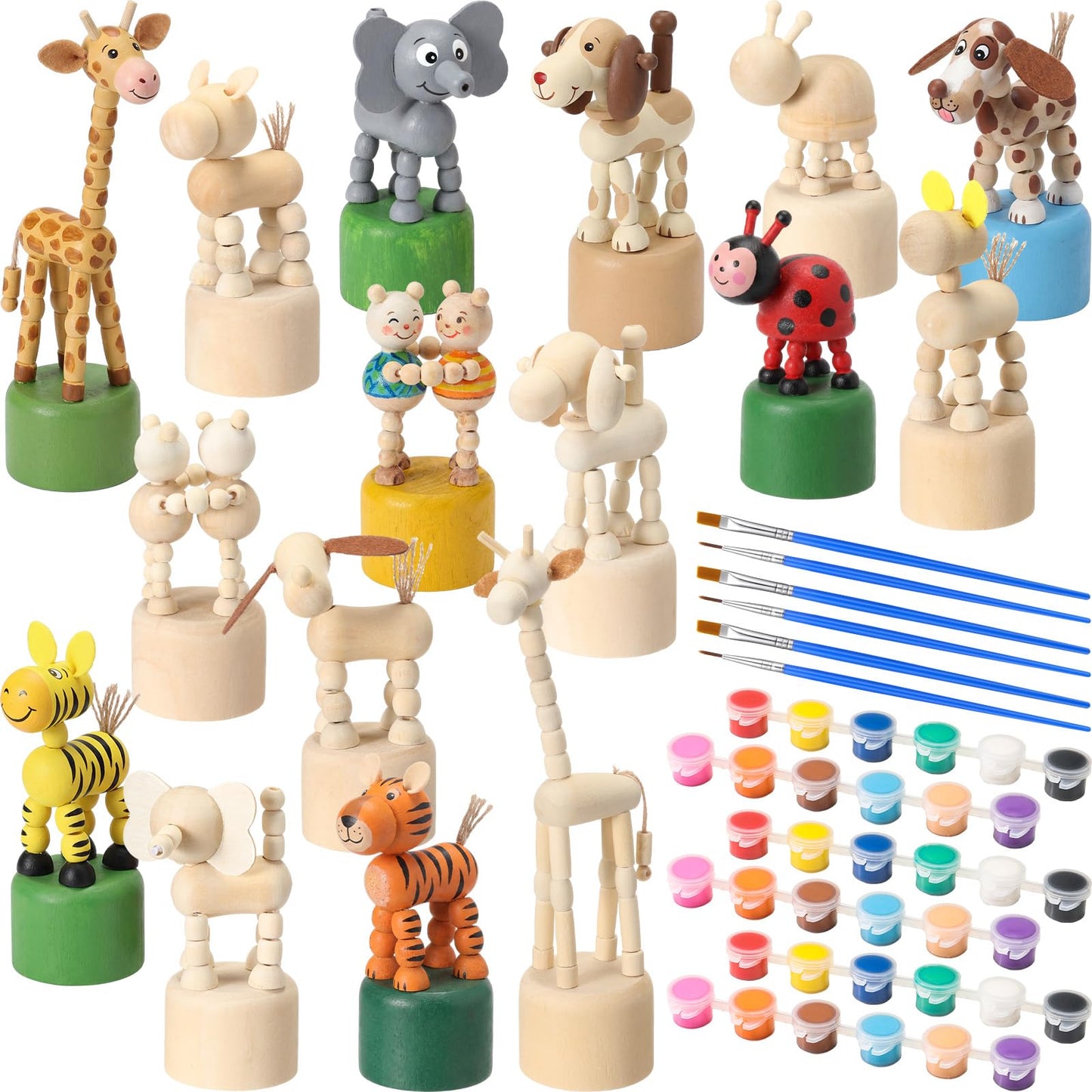 DoubleFill 16 Pcs Painting Craft Kits for Kids Unfinished Wood Animals Figures Crafts with 3 Set Paints 2 Pcs Brushes DIY Arts and Crafts for Boys and Girls Spring Gifts for Painting Party Favors