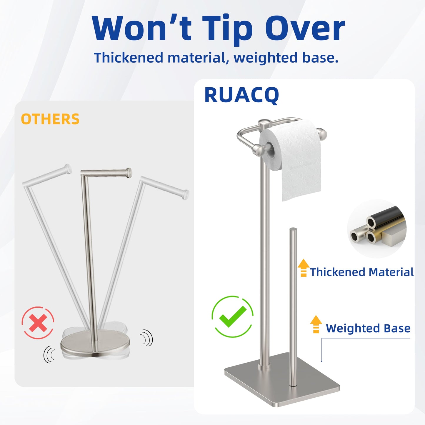 RUACQ Toilet Paper Holder Stand, Bathroom Toilet Paper roll Holder Free Standing with Storage for 4 Rolls, Post Pivoting Design, Stable Weighted Base, SUS304 Stainless Steel (Brushed Nickel)