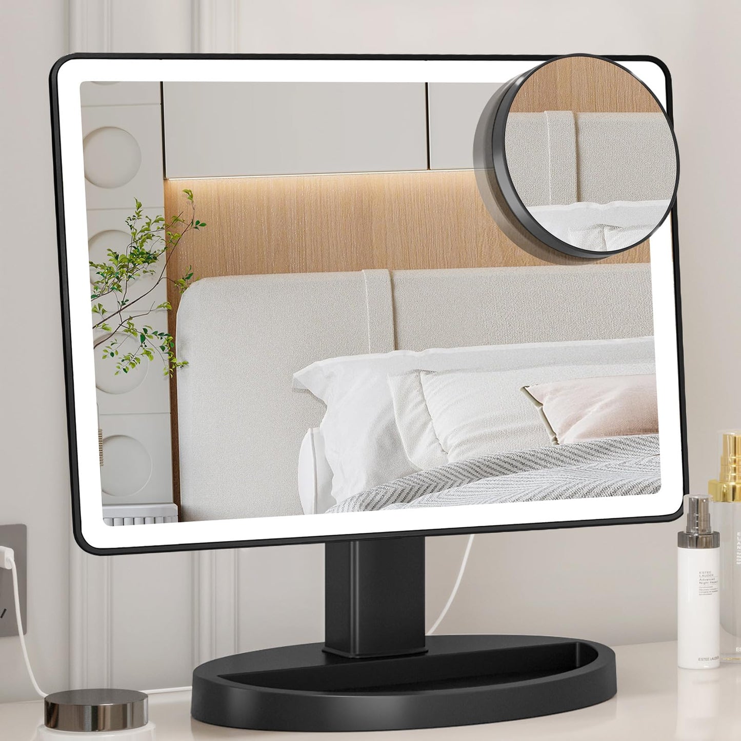 FUNTOUCH Large Lighted Vanity Makeup Mirror with Lights, 3 Color Lighting Modes Light Up Mirror with 88 LED, 360° Rotation Touch Screen and 10X Magnification Tabletop Cosmetic Make Up Mirror (Black)