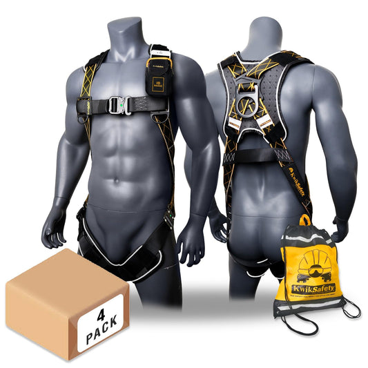 KwikSafety TORNADO DiamondBACK Safety Harness [4 Pack] 3 QUICK CONNECT BUCKLES + 1 D-RING ANSI OSHA Premium Fall Protection Black Full Body Fall Arrest Construction Roofing PPE