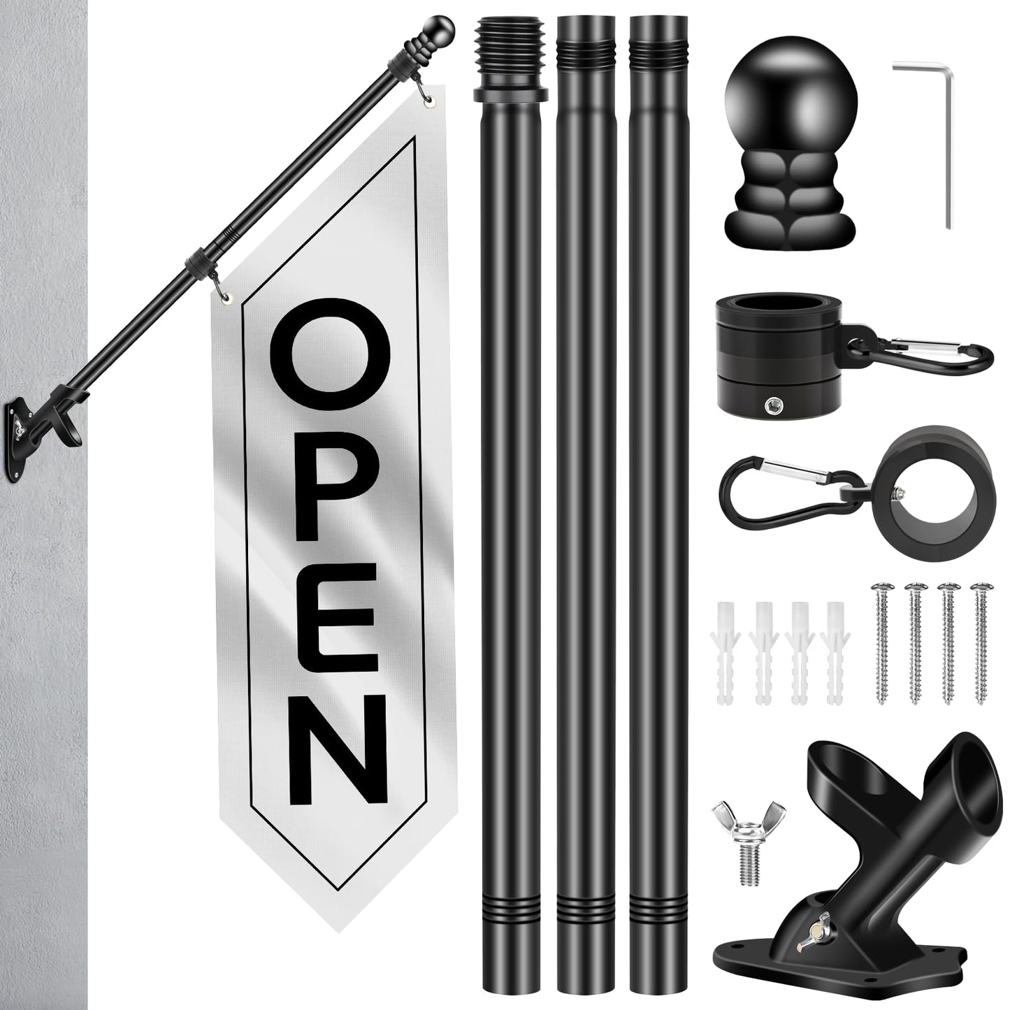 Outdoor Open Sign with Pole-Mounting Kit, Double-Sided Heavy Duty Open Banner for Business, Three-ply Advertising Open Flag with Bracket for Retail Storefront & Shops (White, 41x12 Inch)