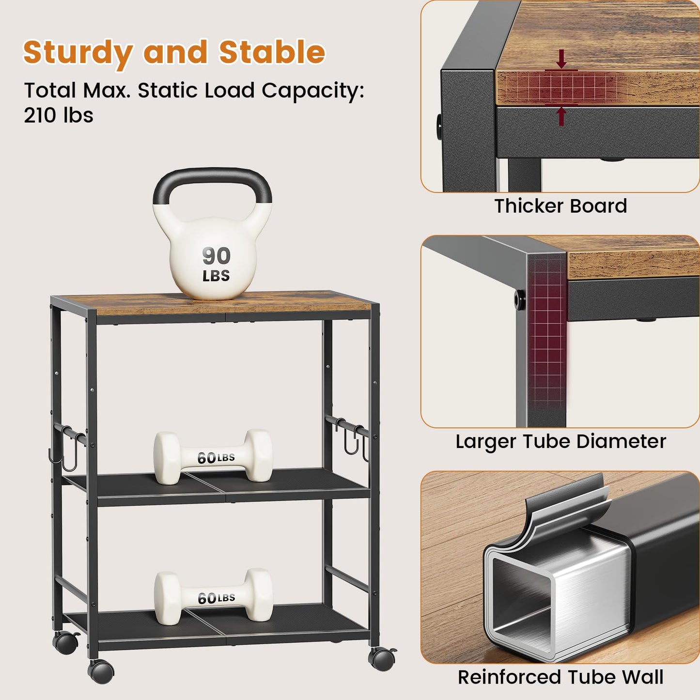 Rolling Kitchen Microwave Cart, 3-Tier Microwave Stand with Adjustable Shelf, Kitchen Storage Cart on Lockable Wheels, Coffee Bar Cart Shelf Rack Organizer for Kitchen, Living Room, Office, Balcony