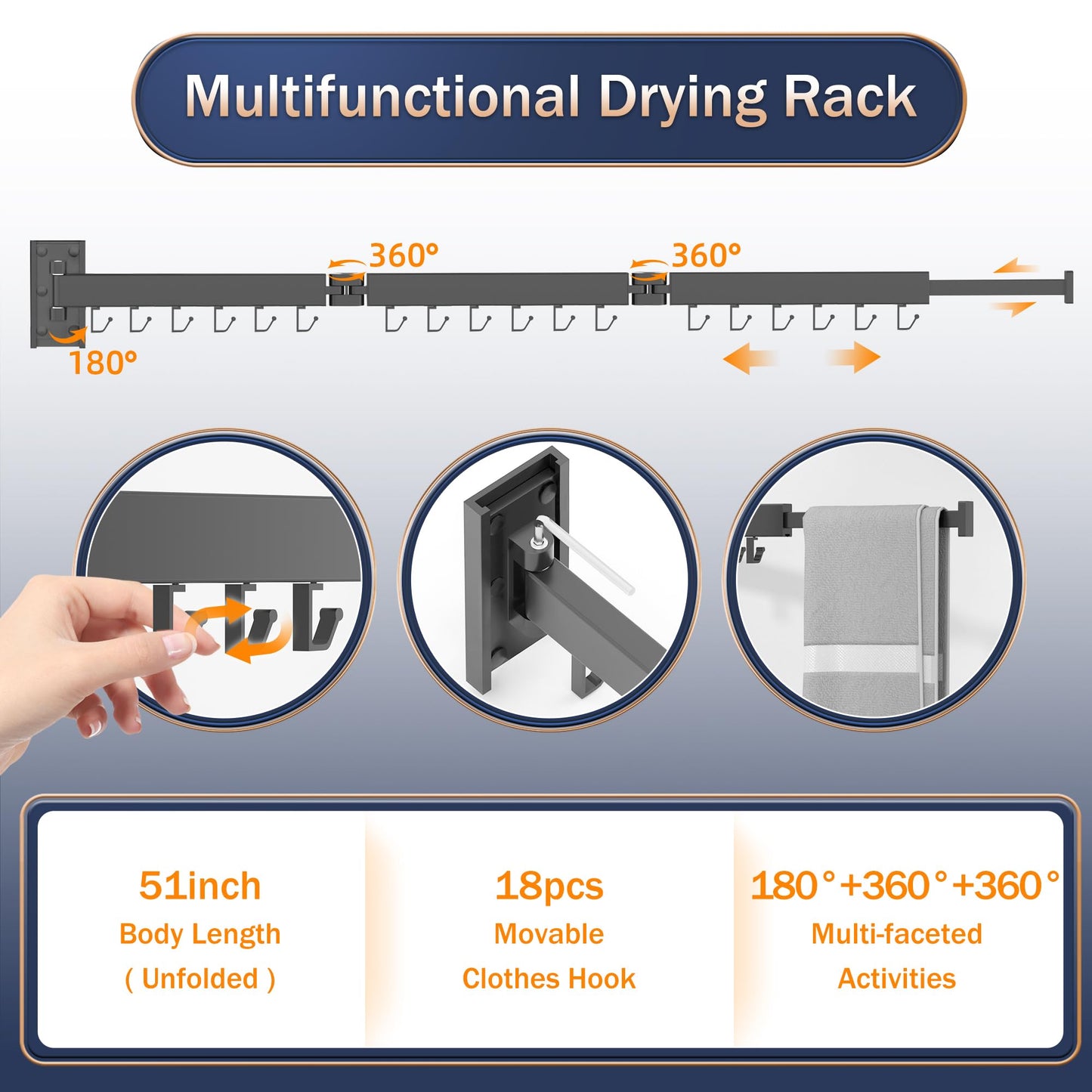 ZdwCyl Clothes Drying Rack,Laundry Drying Rack Wall Mount, Space Saver Clothes Rack,Retractable,Collapsible(Tri-Fold), for Balcony,Laundry,Bathroom, Dark Grey Color,3z-g02