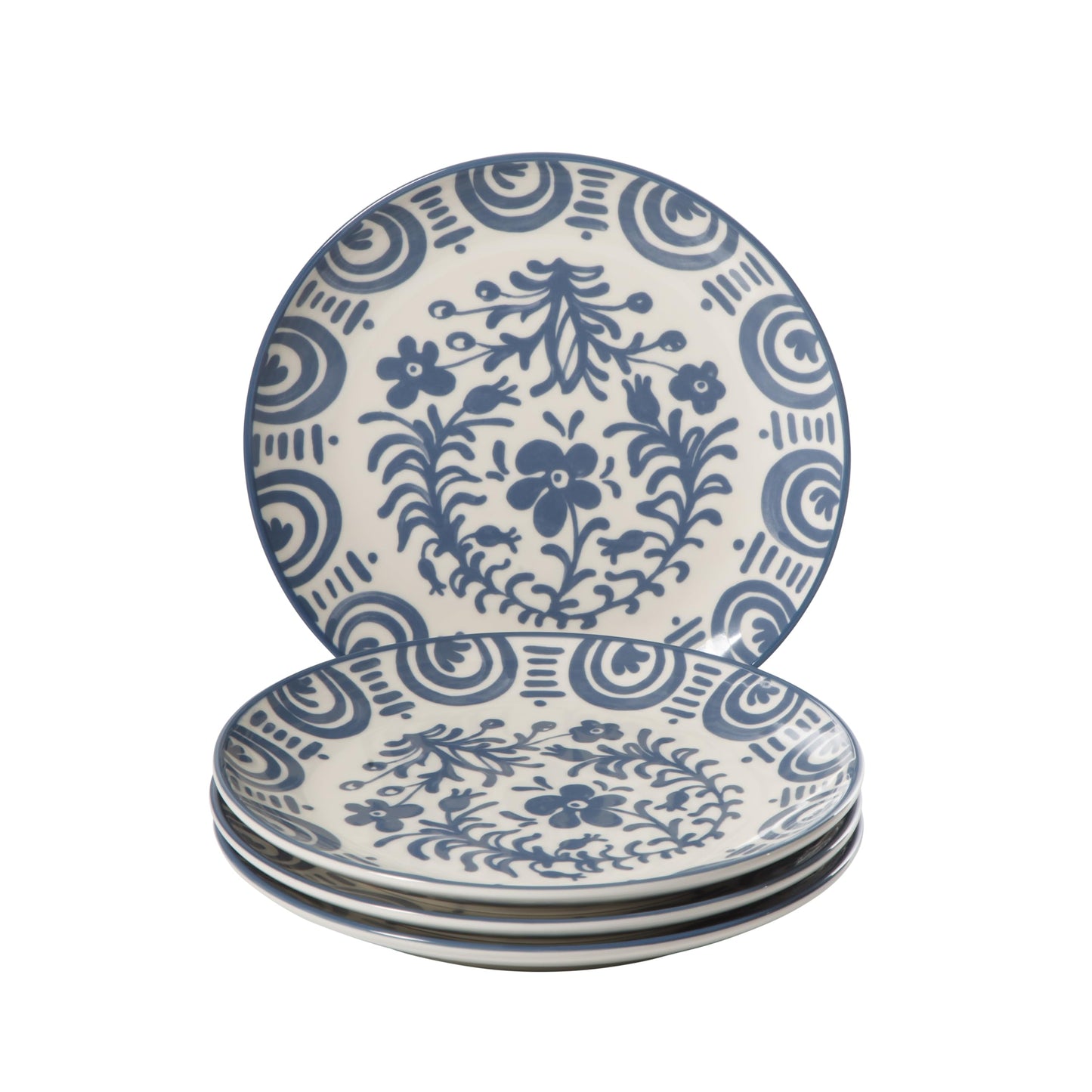 Bloomhouse - 2-Time Oprah’s Favorite Things - Valencia Flor 4 Piece Dessert & Salad Plate Set, 8.75” Stoneware Plates, Mediterranean Floral Decal Design, Microwave & Dishwasher Safe, Iris Blue