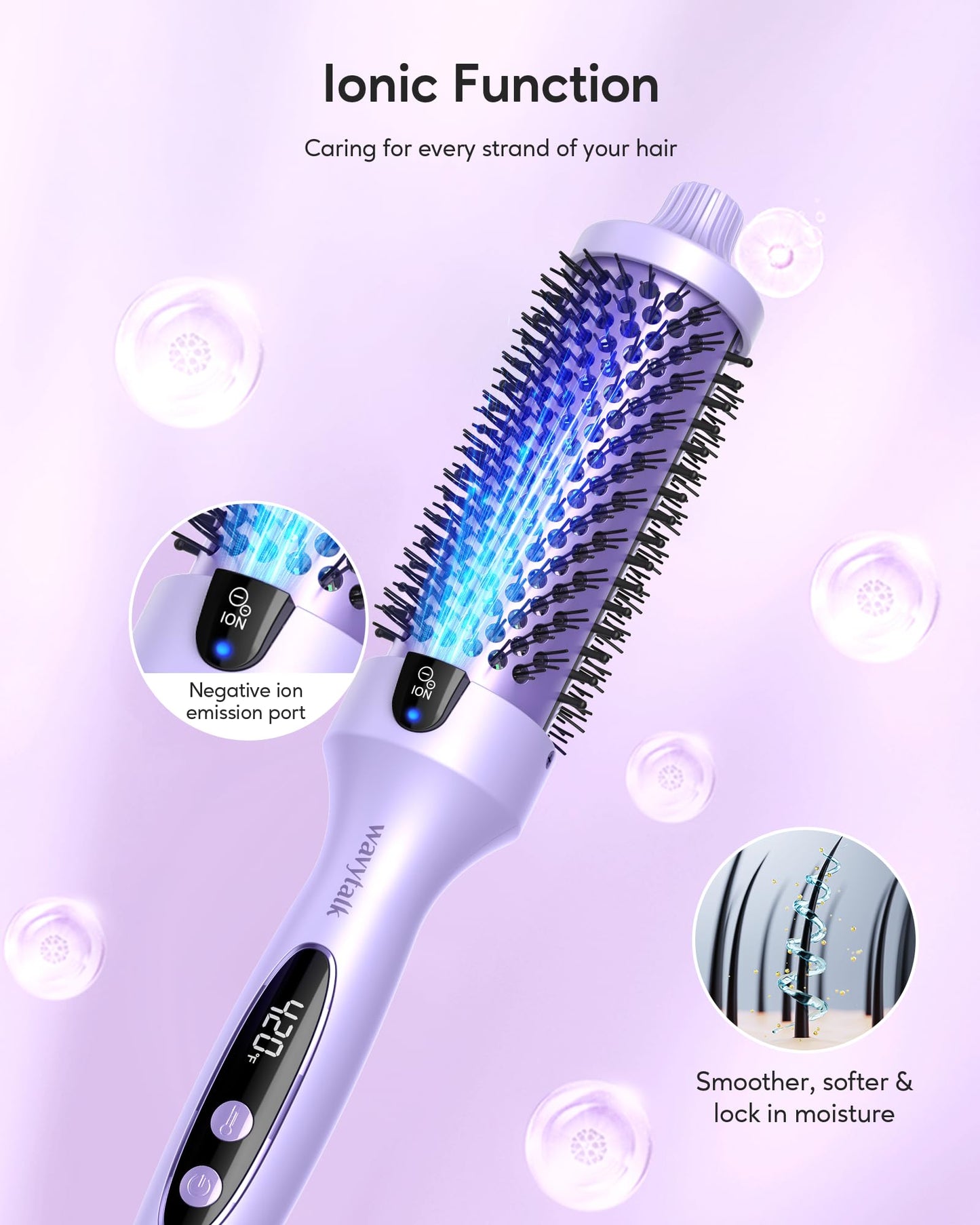 Wavytalk Thermal Brush, 1.5 inch Heated Round Brush for Blowout Look, Negative Ion Technology, Ceramic Tourmaline, 5 Temperature Settings, Dual Voltage, Purple, Less Damage