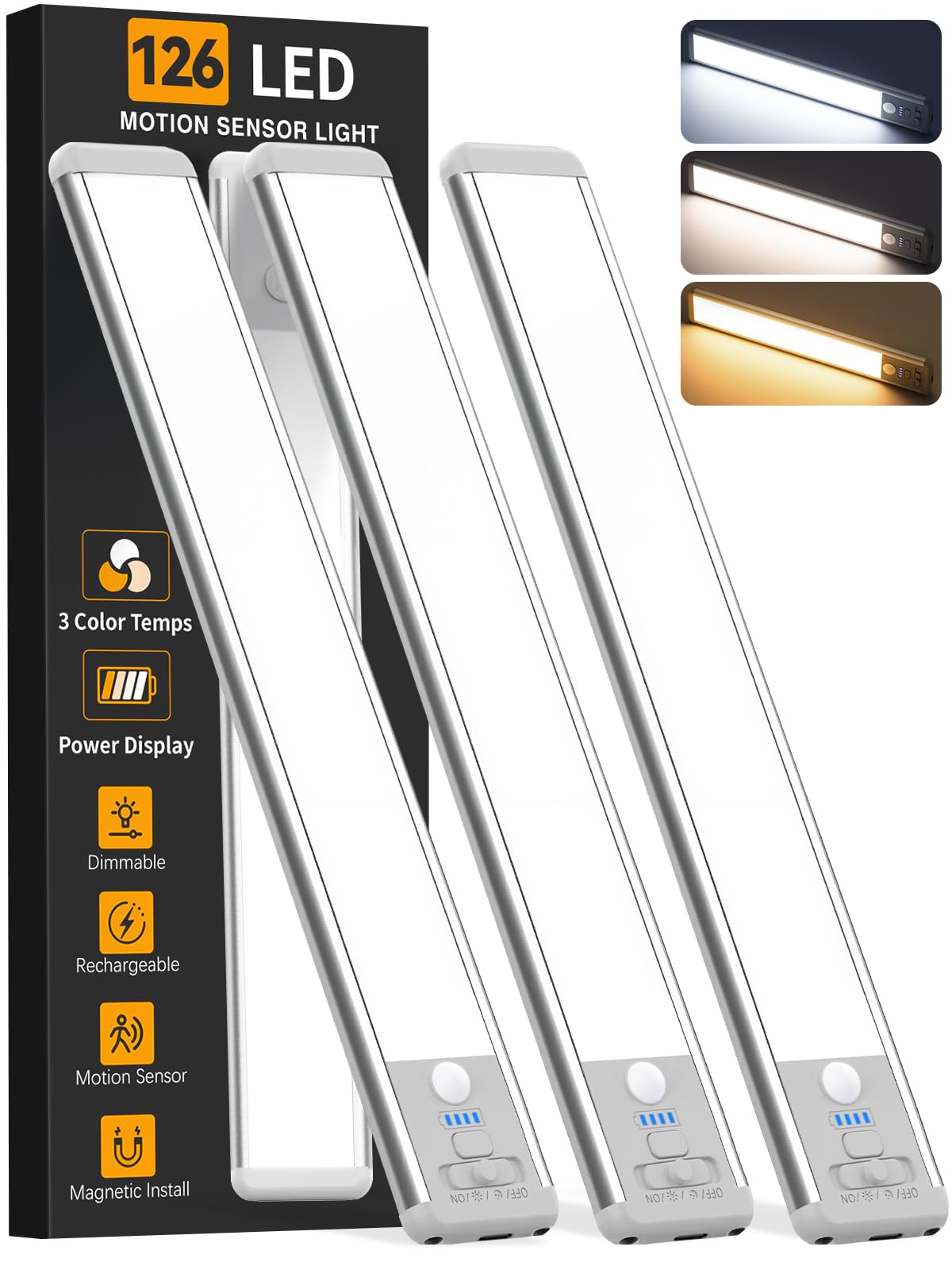 Under Cabinet Lighting Wireless, 15inch Rechargeable Motion Sensor Light Indoor, 3 Color Closet Light Battery Operated with LED Power Display, Magnetic Under Counter Lights for Kitchen, Home (3Pack)