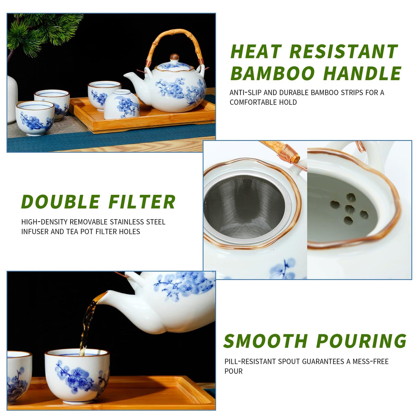 Japanese Tea Set Porcelain Tea Set with Teapot and Tea Cup Set for 4, Blue and White Tea Sets for Adults with Stainless Infuser and Bamboo Tray, Asian Tea Set for Tea Lovers/Women/Men (Plum & Bamboo)