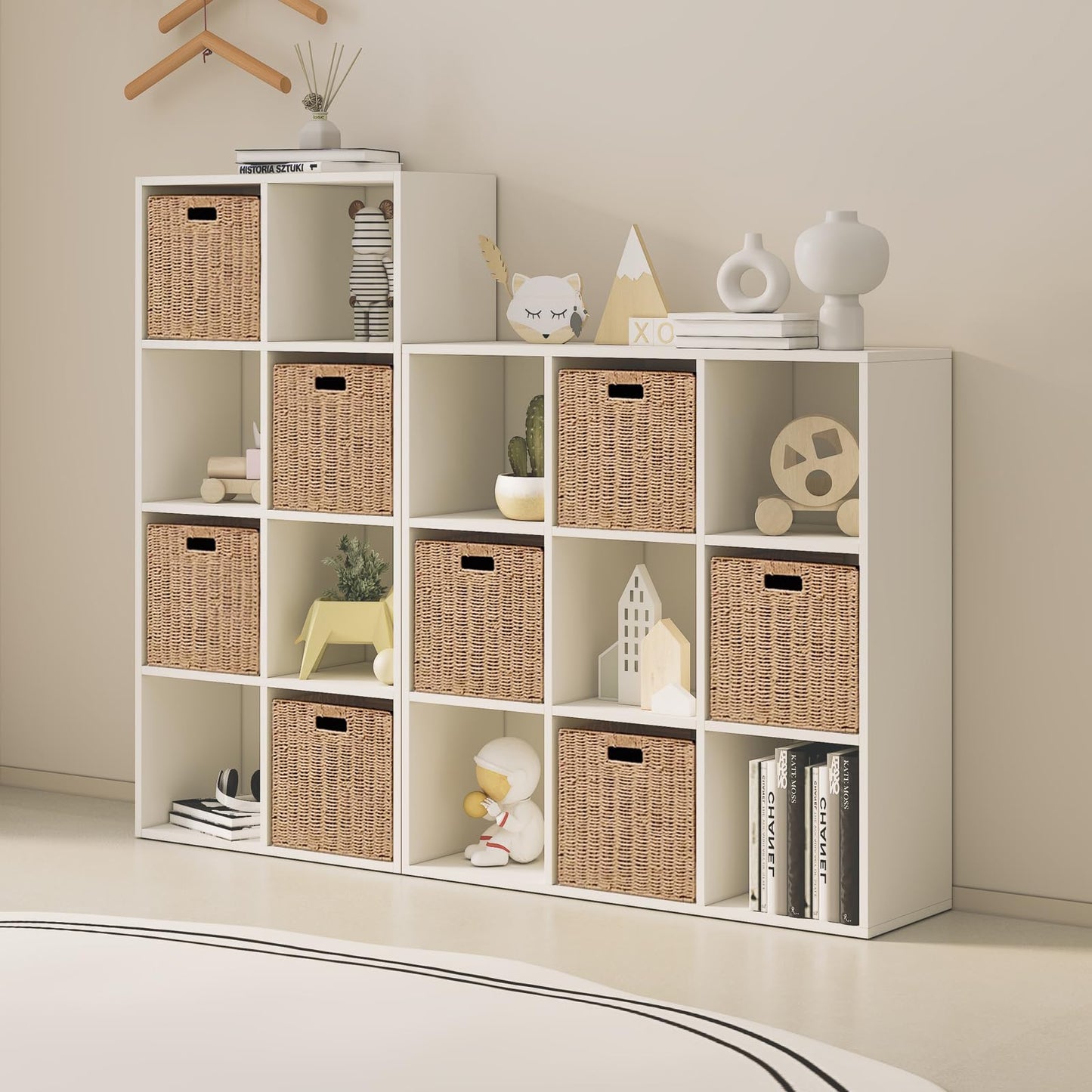 Foldable Storage Baskets with Handles Paper Rope Storage Baskets Rectangle Collapsible Hand Woven Storage Cubes Bins for Organizing Shelves Living Room Bedroom Pantry (4, 11'' x 11'' x 11'')