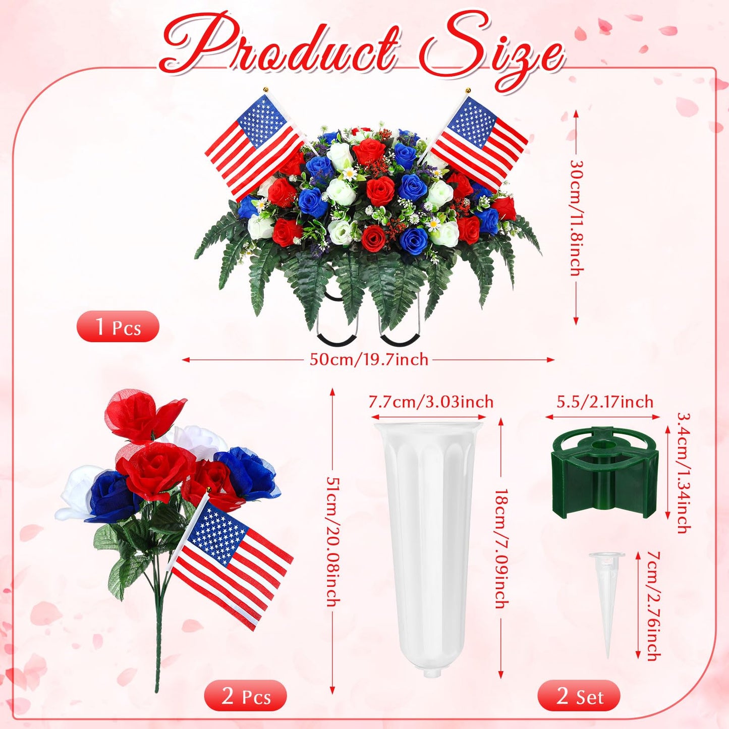 Giegxin 3 Pcs Memorial Day Headstone Flower Saddle Cemetery Flowers for Grave Artificial Memorial Floral with Vase American Flag Patriotic Red White Blue Rose Bouquets for Gravesite Tombstone Decor