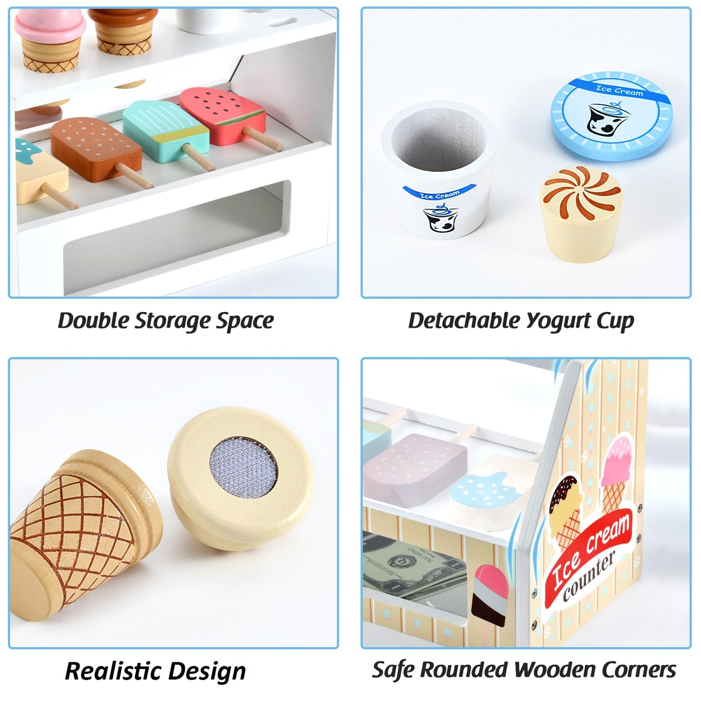 WHOHOLL Wooden Ice Cream Counter Playset for Toddler Girl Toys, 45 Pcs Play Store Pretend Toy Food Play Kitchen Accessories with Scoop & Fake Money, Christmas Birthday Gifts for 3 4 5 6