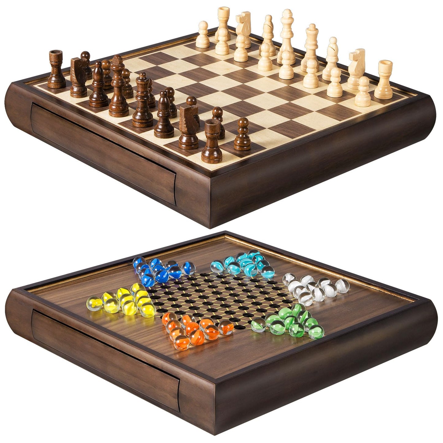 ELONGDI 2 in 1 Magnetic Chess Set & Chinese Checkers 13" Wooden Board Game with Storage Drawer and 60 Glass Marbles + Bonus 12 Spare & 2 Extra Queens,for Kids and Adults
