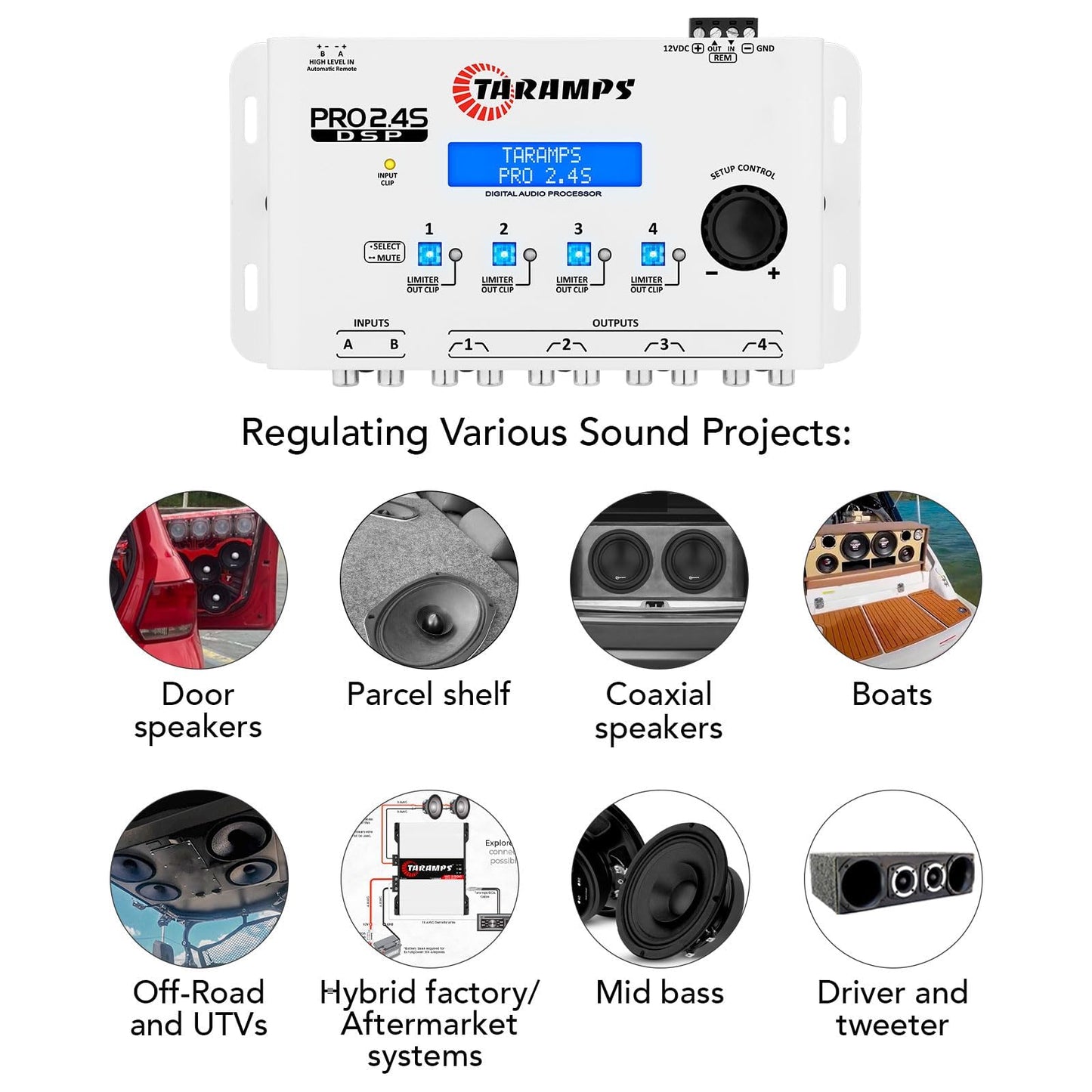 Taramps DSP Pro 2.4S White Crossover Full Digital Signal Car Audio Processor and Equalizer with Sequencer 15-Band Graphic Equalization 12 preset EQ, Remote Signal, Alignment, 2 Channel in and 4 Out