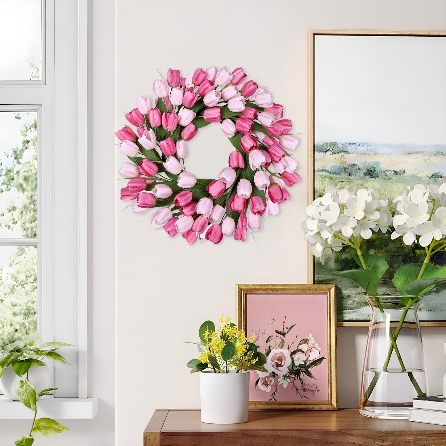 24 Inch Tulip Summer Wreath for Front Door Spring Silk Wreath with Green Leaves Artificial Tulip Flower Wreaths for All Seasons Farmhouse Porch Wall Living Room Home Widding Decor-Red