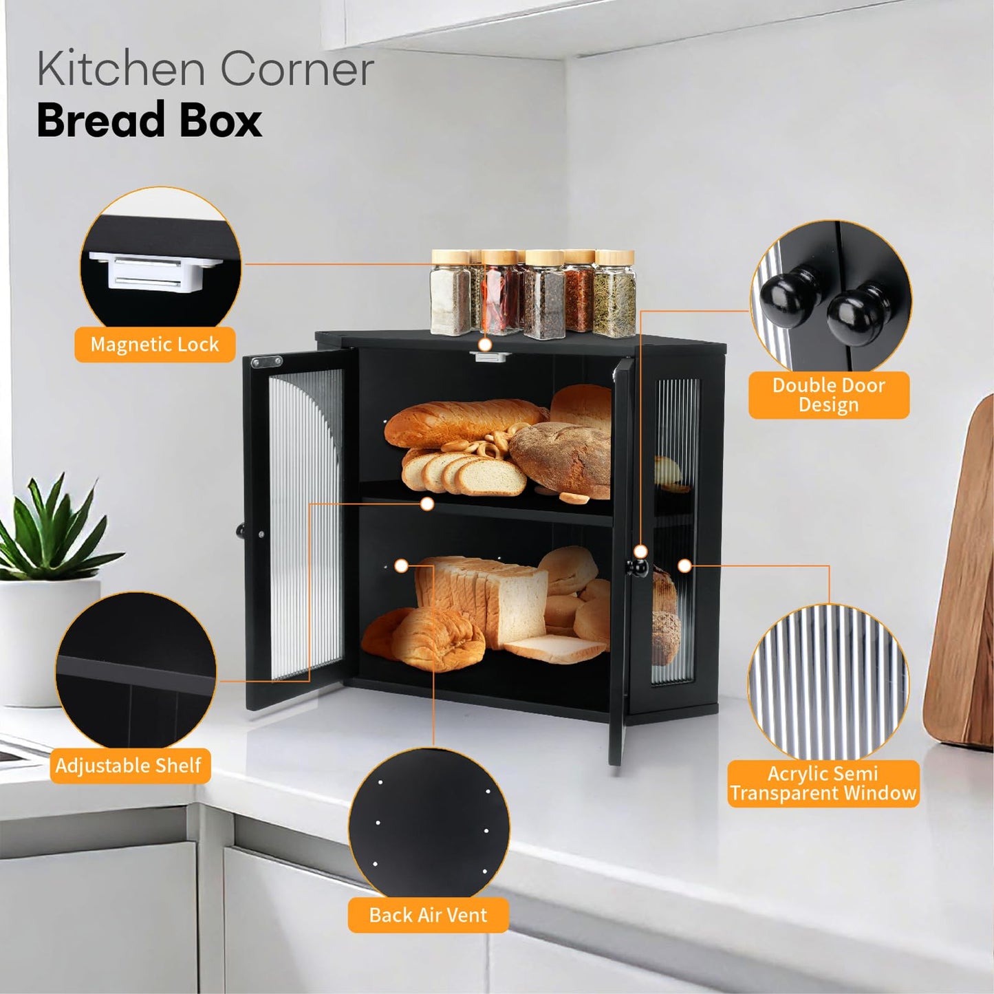 Thalomely Corner Bread Box for Kitchen Countertop, Double Layer Bamboo Bread Storage Container for Homemade Bread, Large Capacity Bread Holder with 3 Adjustable Height for Counter, Breadbox Organizer