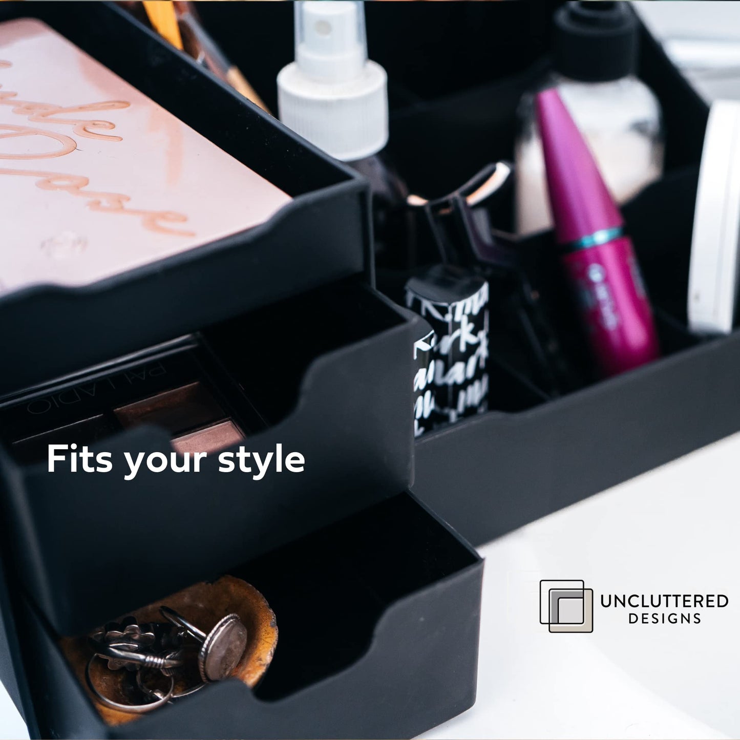 Uncluttered Designs Large Black Vanity Organizer - Countertop Mens Organizer With Drawers for Cologne, Deodorant, Beard, Shaving Lotion, Perfume & Skincare - Perfect for Bathroom & Bedroom Storage