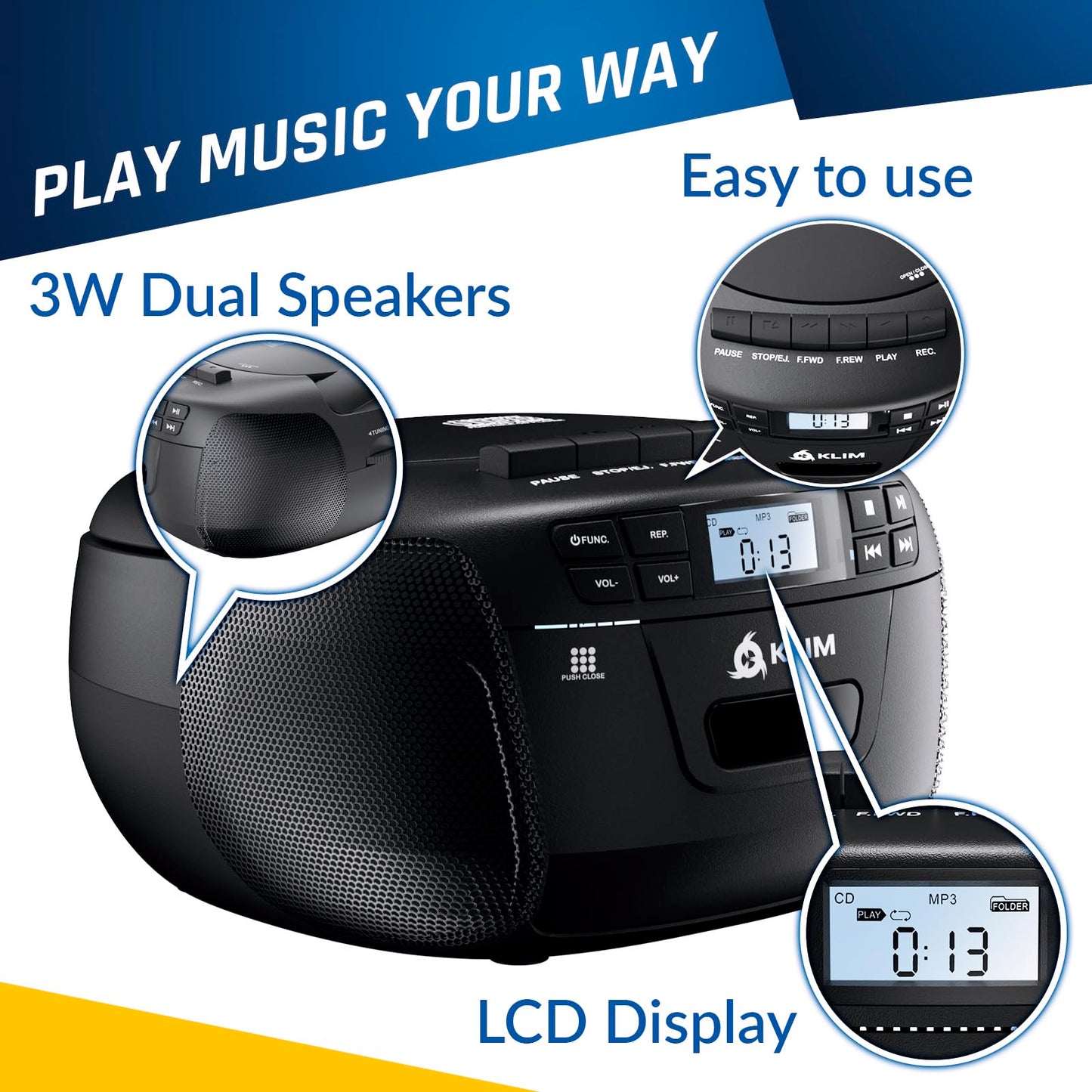 KLIM CD + Cassette Tape Player, Bluetooth CD Boombox, AM/FM Radio, Stereo Sound, Remote, CD and Cassette Player Combo, Tape Recording, USB Drive, AUX
