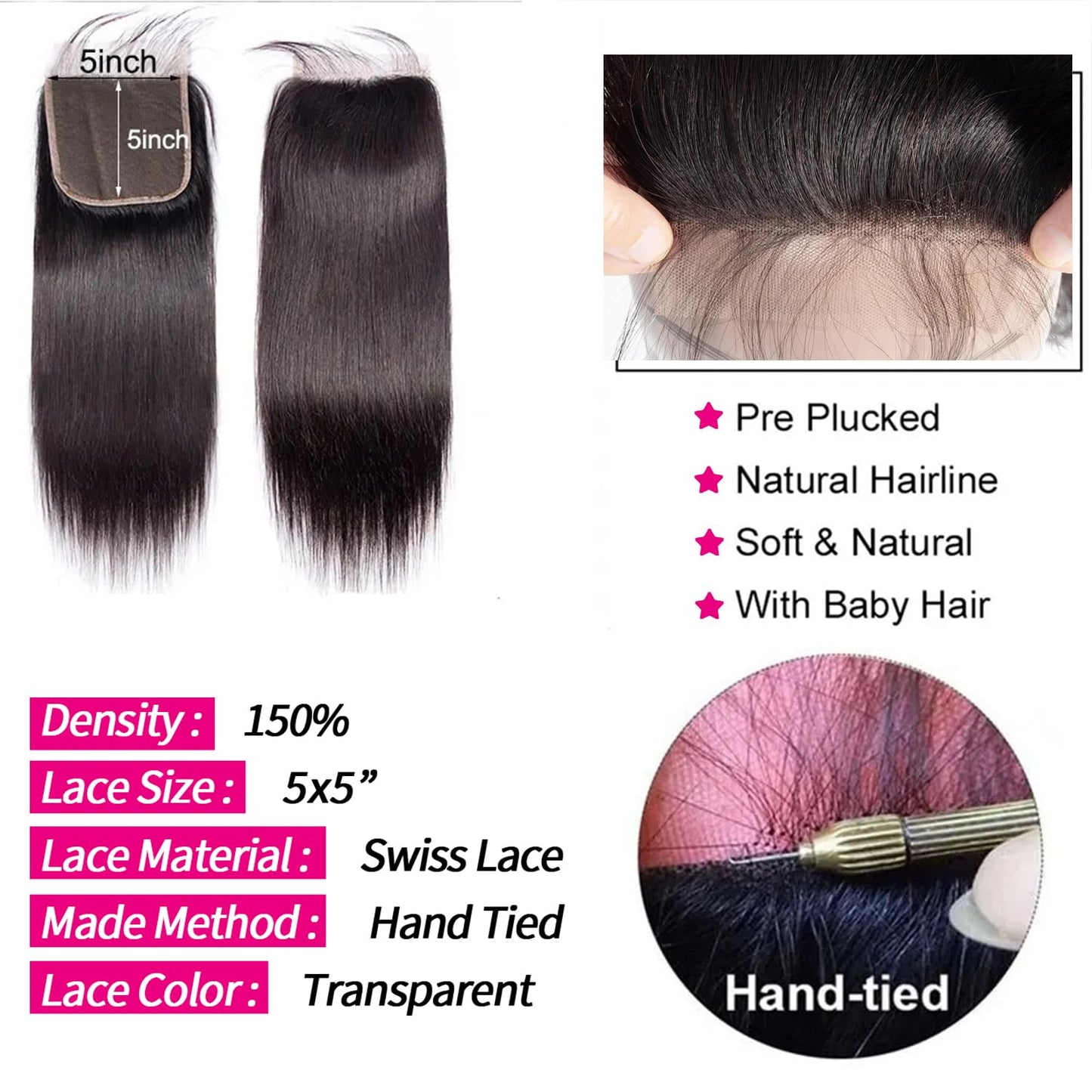 LXYANOO 12A Straight Bundles Human Hair with 5x5 Closure 18 20 22+16 Inch Brazilian Human Hair Bundles with Closure 100% Unprocessed Virgin Weave Bundles Human Hair with 5x5 HD Lace Closure