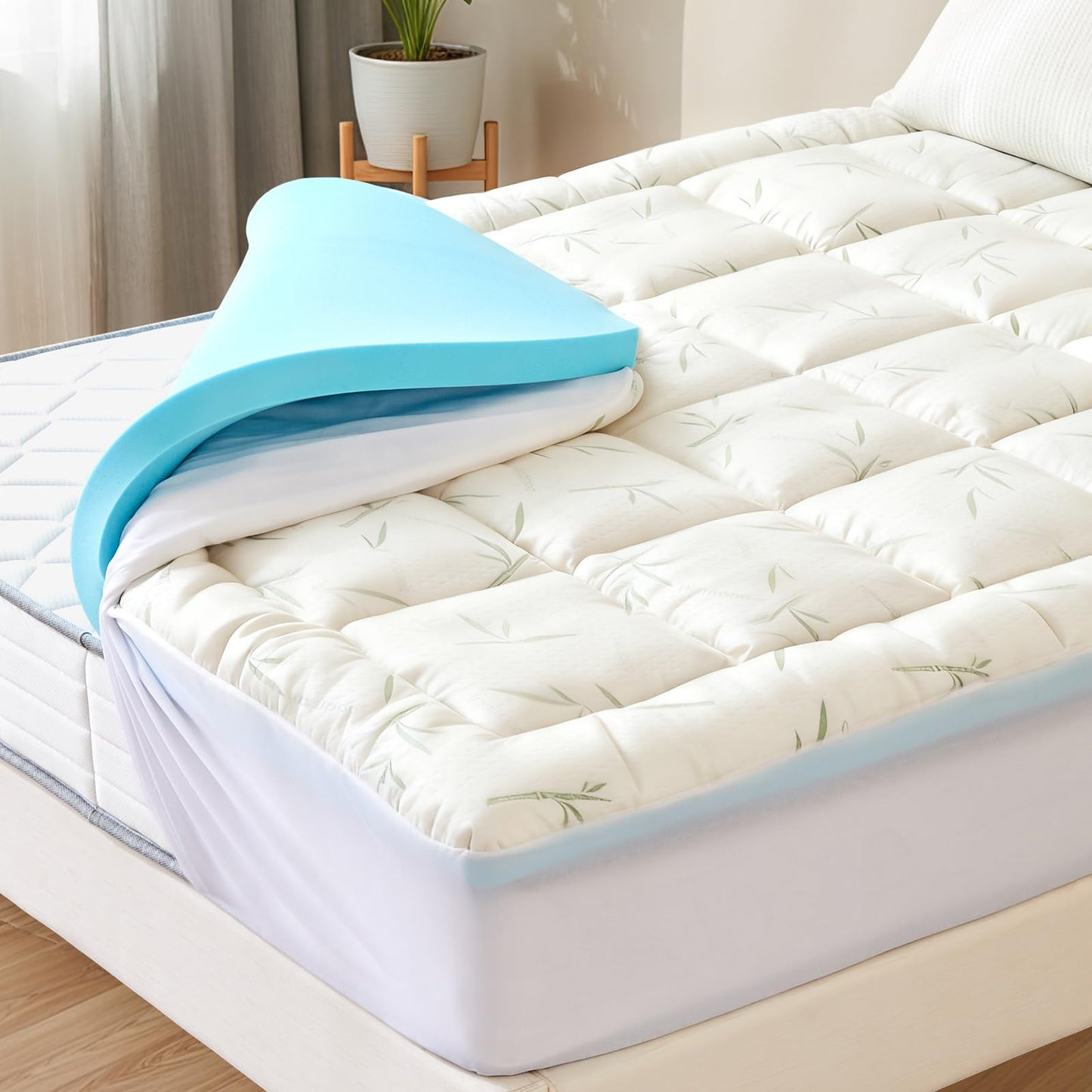 OLIXIS Premium Dual Gel Memory Foam Mattress Topper, CertiPur-US Certified Cooling & Breathable Comfort, Pressure Relief Medium Firm Support for All Sleepers – Enhanced Sleep,Queen