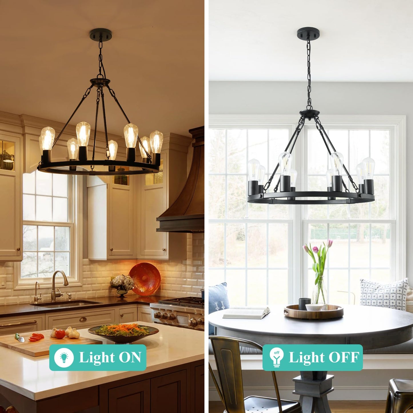 8 Lights Wagon Wheel Chandelier, Black Kitchen Island Lighting Fixture Round Metal Industrial Farmhouse Dining Room Pendant Light for Living Room Foyer Entryway,E26 Socket, 23.6". Height Adjustable