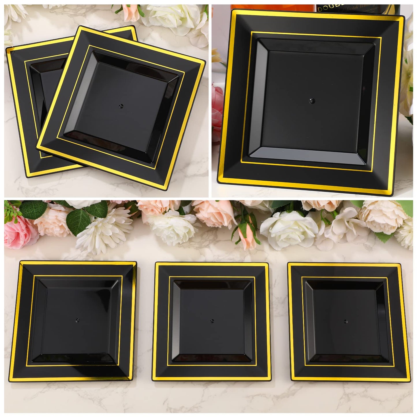 Gandeer 200 PCS Black and Gold Plastic Dessert Plates Square 6.5 Inch Disposable Appetizer Cake Salad Plates Silverware with Gold Rim for Wedding Birthday Anniversary Party