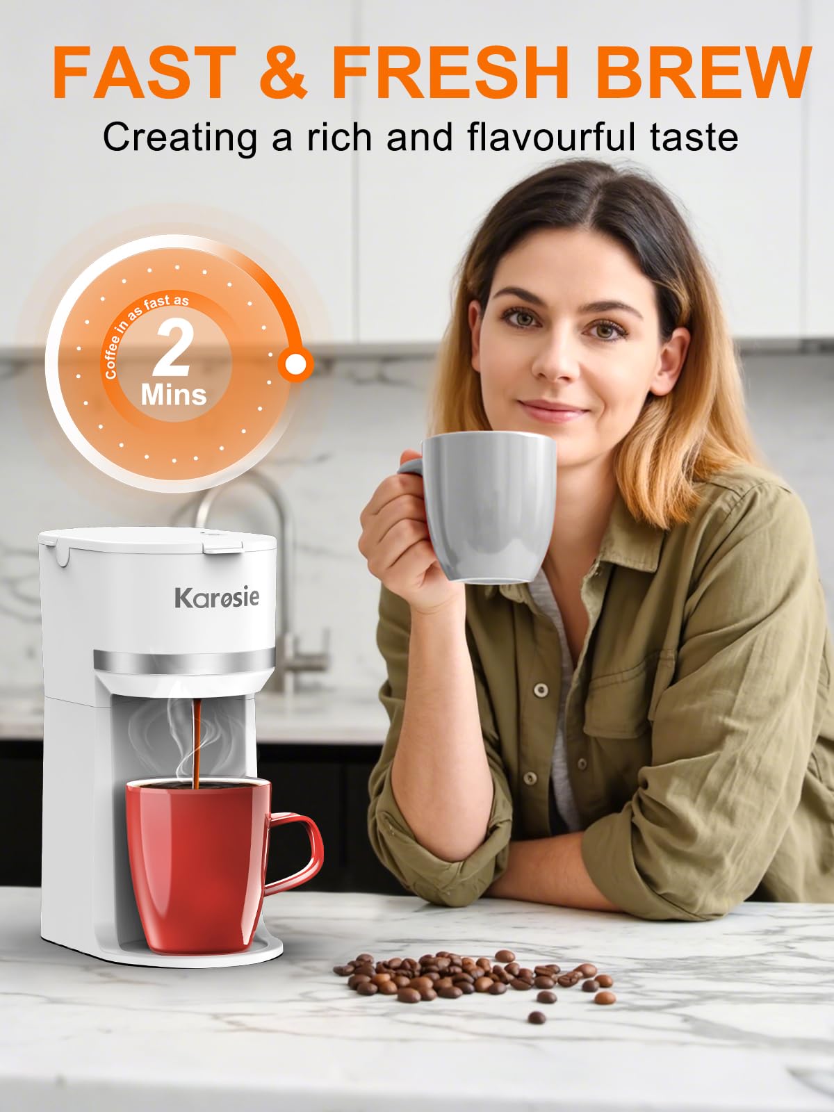 Karosie Single Serve Coffee Maker for K-Cup and Grounds, Fast Brew, 6-12 oz Brew Sizes Single Cup Coffee Maker Fits 5.5" Mugs, One-Button Small Coffee Maker, Descaling Reminder,White,9.45 Inches