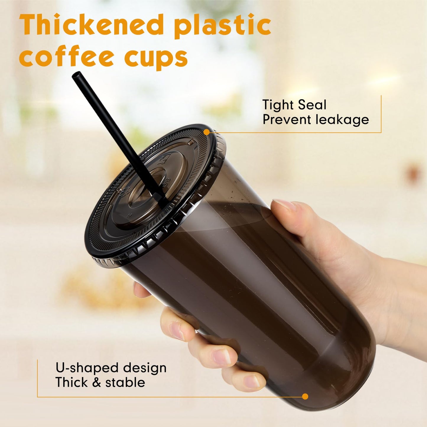 Ziliny 50 Set Clear Plastic Cups with Lids and Straws, PET Disposable Iced Coffee Cups for Drinking Cold Beverage Juice Parfait Smoothie Milkshake Shop Party Supplies (Black Cup & Straw,20 oz)