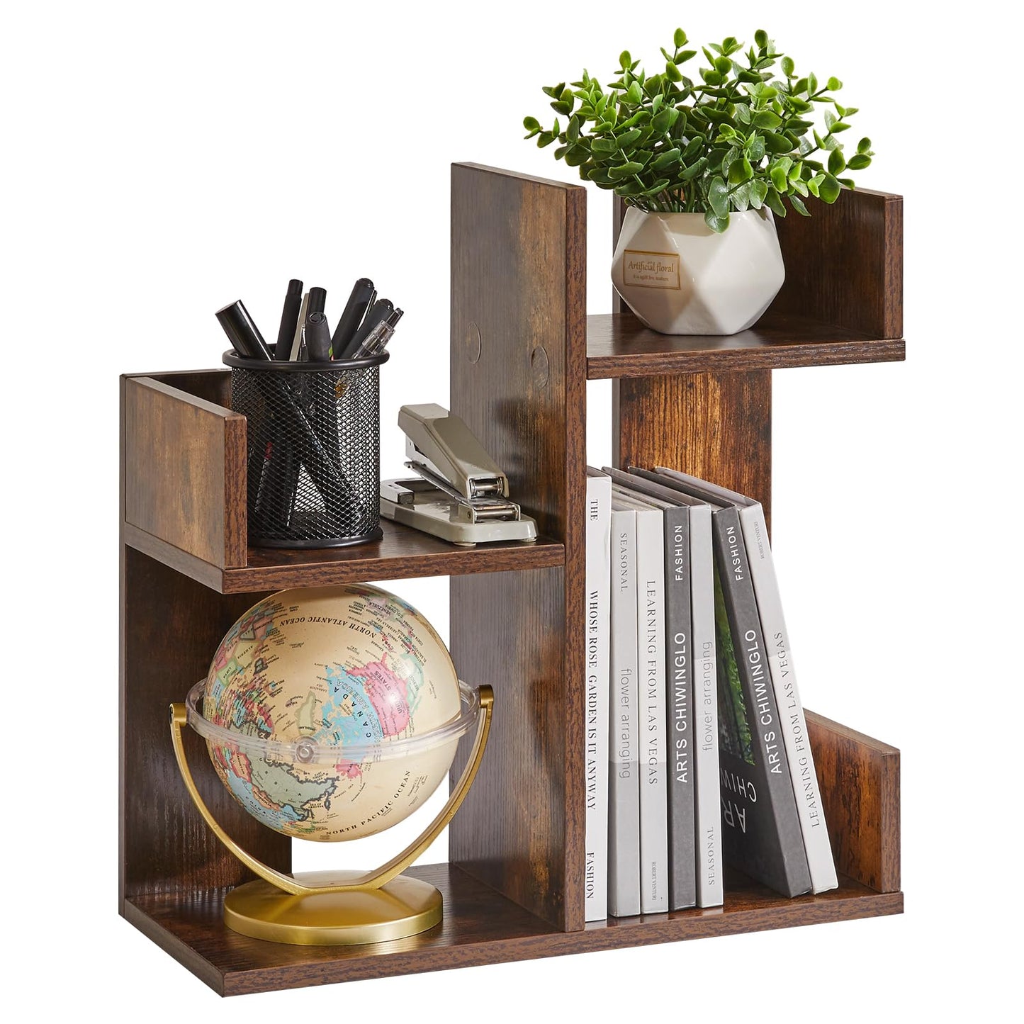 Aibiju Book Display Shelf Small Desk Organizer, Desk Top Storage Organizer, Cookbook Storage Kitchen Counter Shelf, Tabletop Plant Shelf Stand Rustic Brown YD-DSR002H