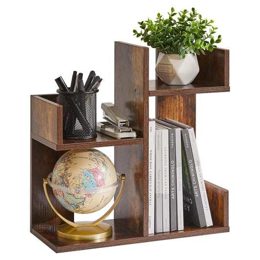 Aibiju Book Display Shelf Small Desk Organizer, Desk Top Storage Organizer, Cookbook Storage Kitchen Counter Shelf, Tabletop Plant Shelf Stand Rustic Brown YD-DSR002H