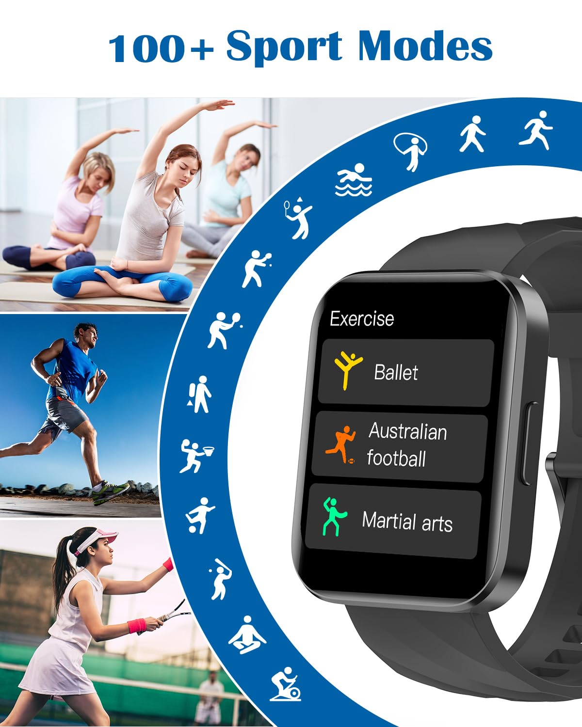 RUIMEN Smart Watches for Men Women (Answer/Make Calls) Compatible with iPhone/Android Phones, 1.85" HD Screen Fitness Tracker Heart Rate Monitor 100+ Sports Tracker Watch Waterproof (Black)