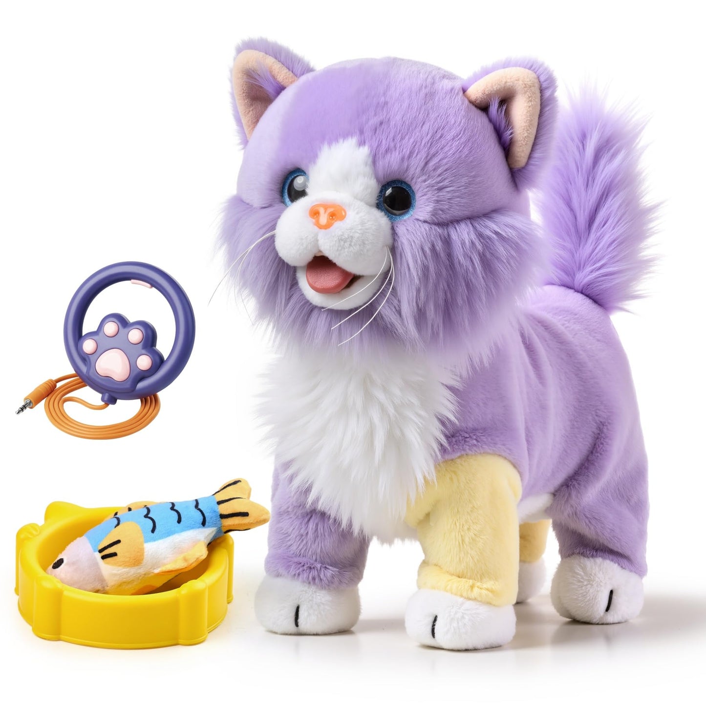 OR OR TU Walking Toy Cat with Remote Control Leash, Plush Cat Electronic Interactive Toys for Girls Singing, Shake Tail, Licking, Meows Realistic Stuffed Animal Cat Age 2 3 4 5+ Years Old Best Gift