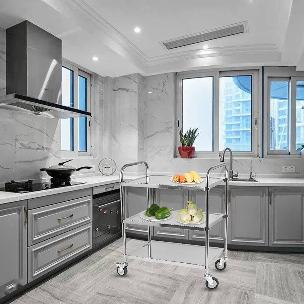 Amarite 3 Shelf Stainless Steel Cart, 420 lbs, 1MM Thick, Serving With Wheels, Household Service Trolley, 360 Rotation Storage Shelf With Locking Wheels (29.5*15.8*37.4)'' Utility