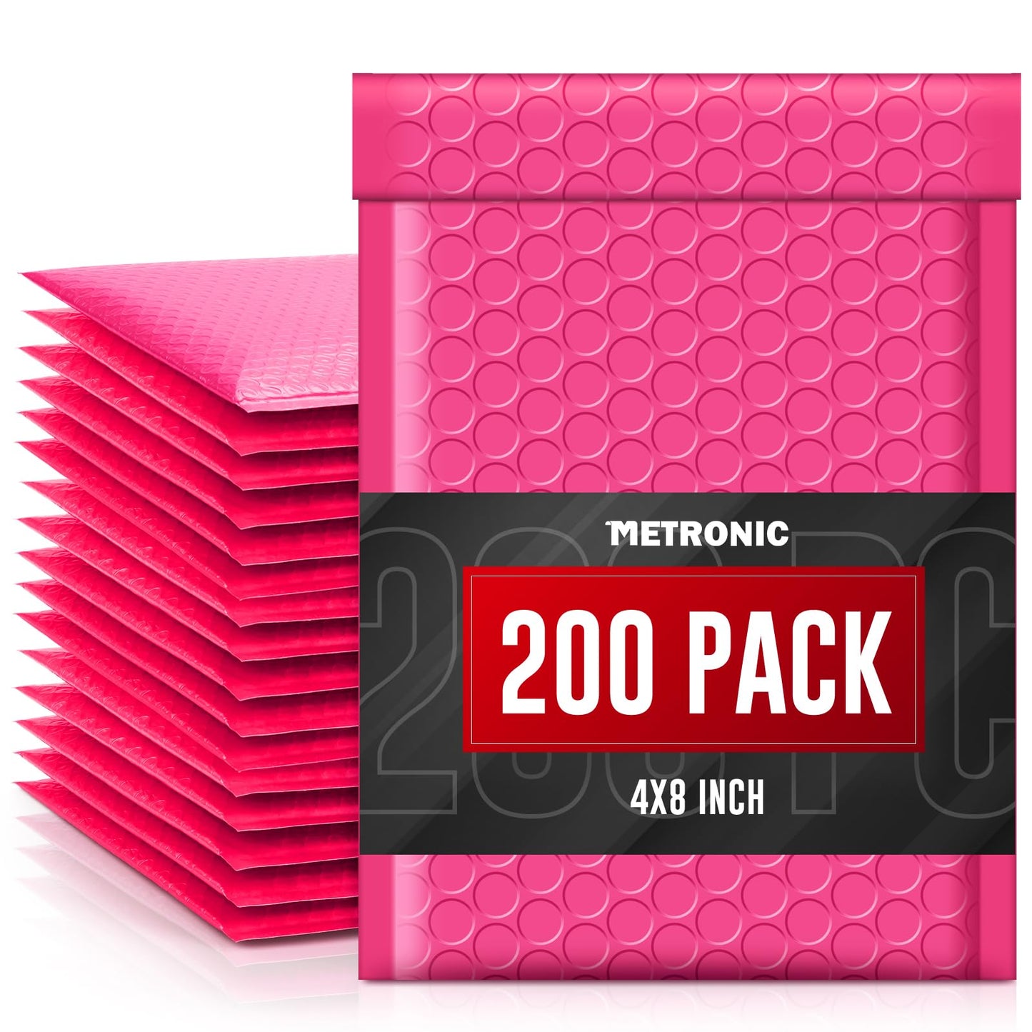 METRONIC 4x8 Bubble Mailers 200Pack, Waterproof Pink Bubble Mailers, Self Seal Padded Envelopes for Small Business Packaging Supplies Padded Mailer Usable Size 4x7