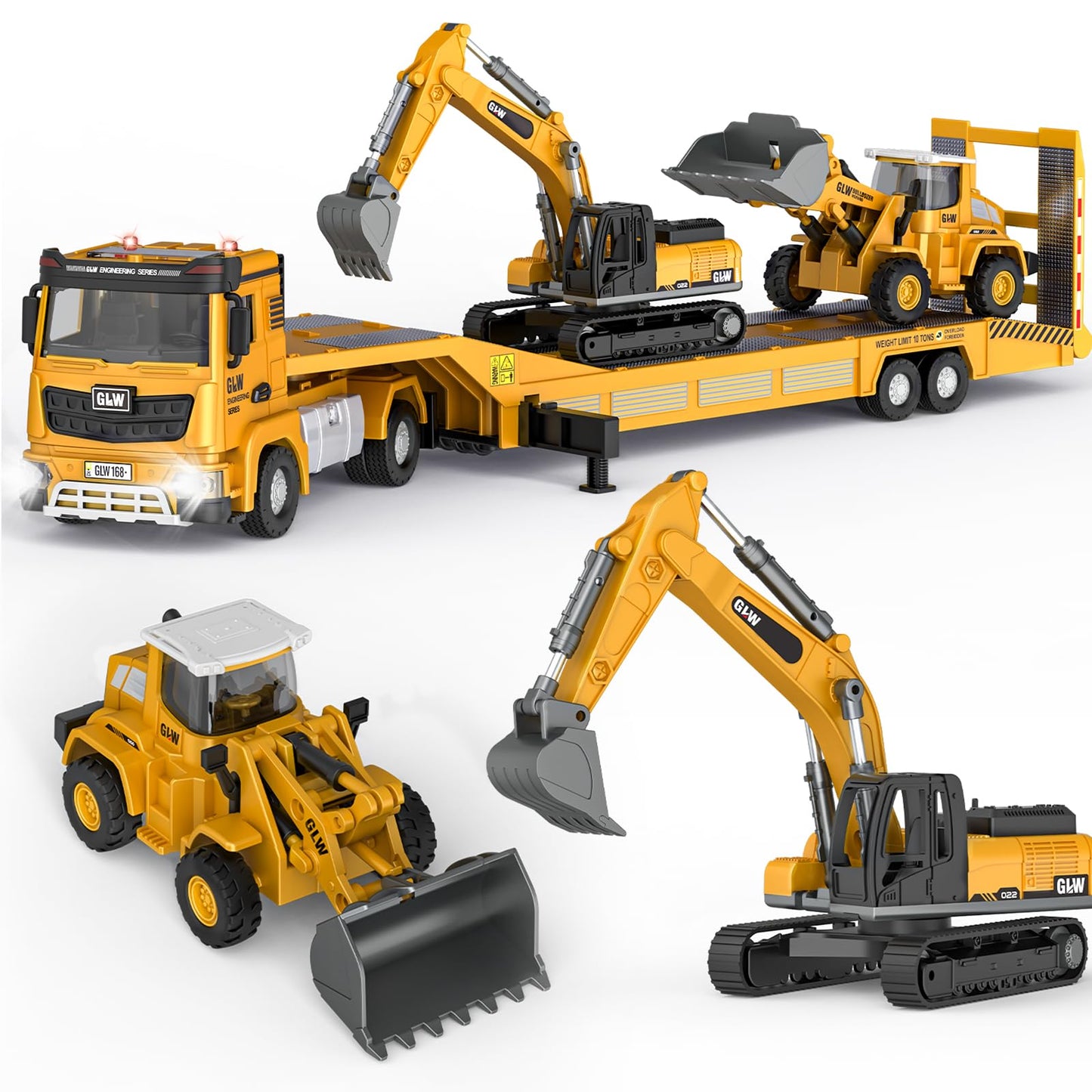 Pupu Pig Kids Toys for 3 4 5 6 7 Years Old Boys, Die-cast Construction Toys Set w/Semi Truck, Excavator, Bulldozer, Alloy Engineering Construction Vehicles Truck Toys w/Lights & Sounds, Model Cars