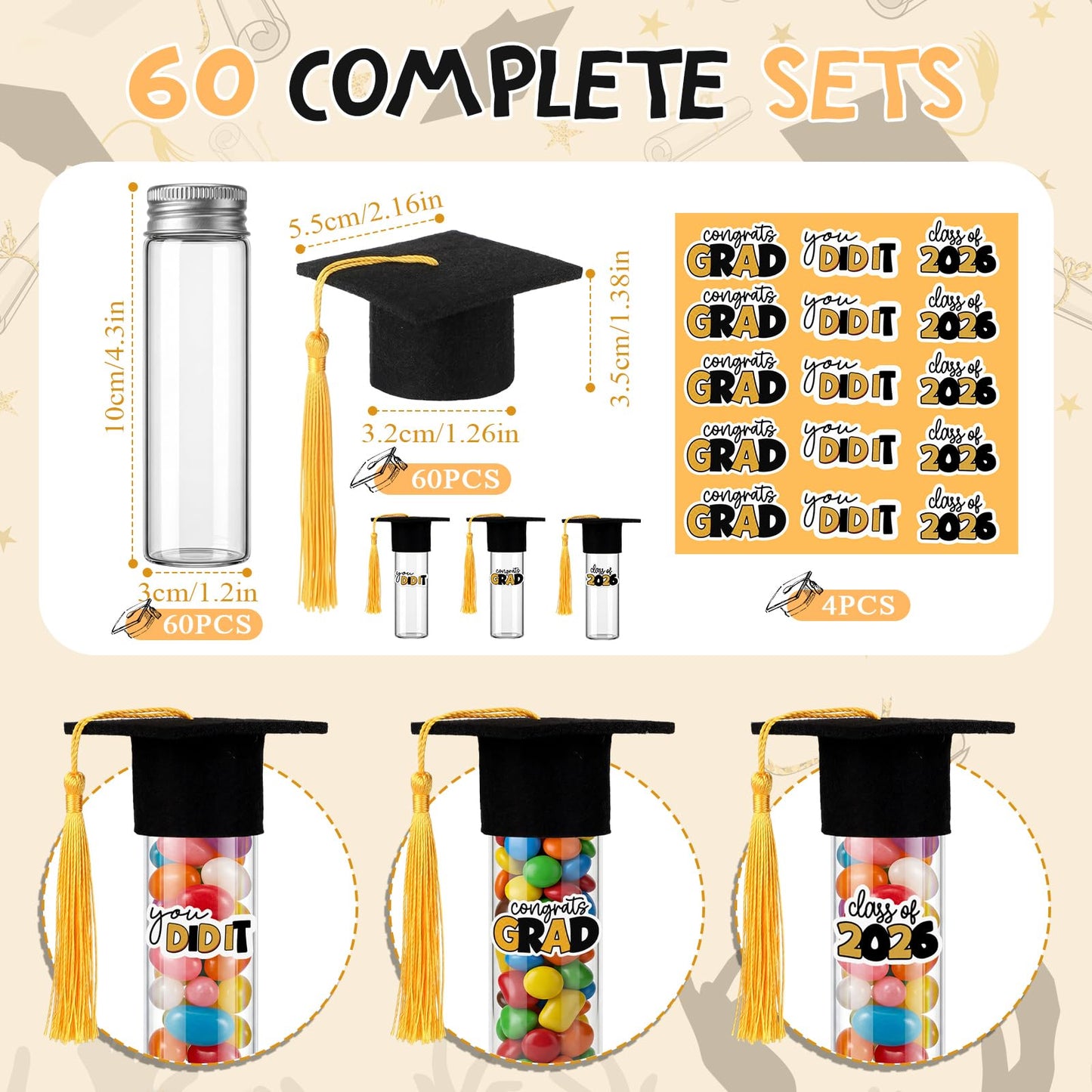 LemonRoad 60 Set 2026 Graduation Candy Tubes Graduation Party Favors Candy Container with Lid Glass Bottles Gold Mini Graduate Caps Decorative Stickers for DIY Class Celebration Table Gift Supplies