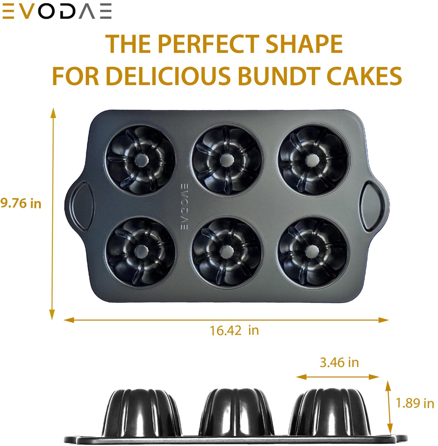 EVODAE Mini Bundt Cake Pans for Baking – Set of 2 – 6 Cups Each (12 Cups Total) – Nonstick Black Carbon Steel – Heavy-Duty & Built to Last – Carefully Packaged in a Clean Black Box – PFOA & PTFE Free