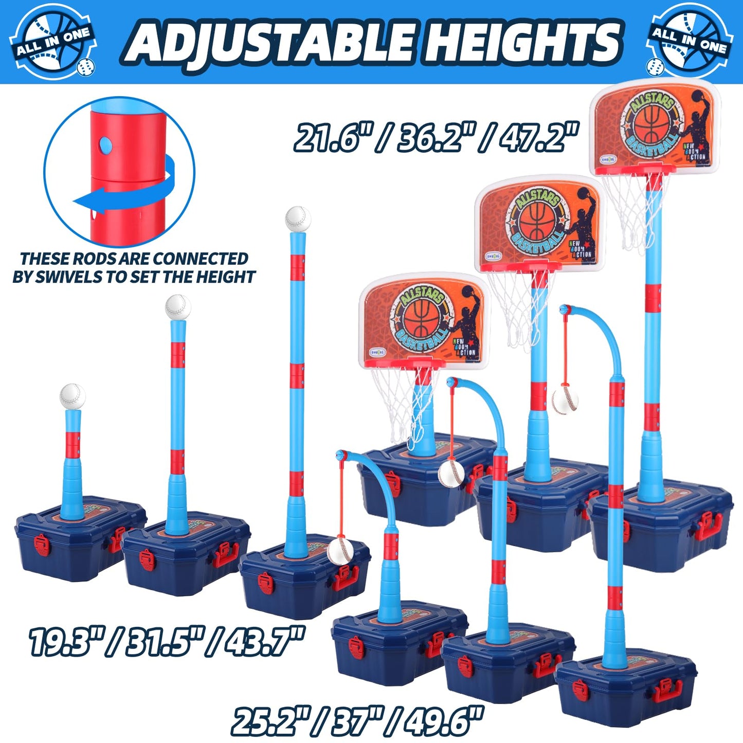 4 in 1 Basketball Hoop for Kids 1-3, 3-5, Toddler Basketball Goal and T Ball Set, Adjustable Basketball Hoop, Indoor Outdoor Sports Toys, Birthday Gifts for Kids Boys 1 2 3 4 5 Years Old