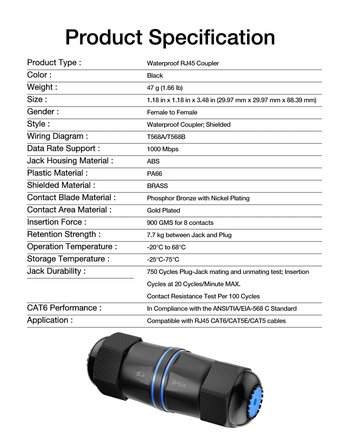 VCELINK Waterproof RJ45 Coupler IP68 Short Profile, Cat6/Cat5E/Cat5 Waterproof Ethernet Connector Shielded, Outdoor Network LAN Cable Extender PoE 6-Pack